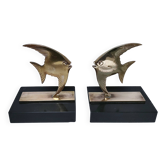 Pair of designer black marble bronze fish bookends