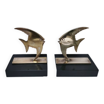 Paire de serre-livres poissons bronze marbre noir design