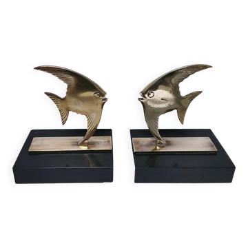 Pair of designer black marble bronze fish bookends