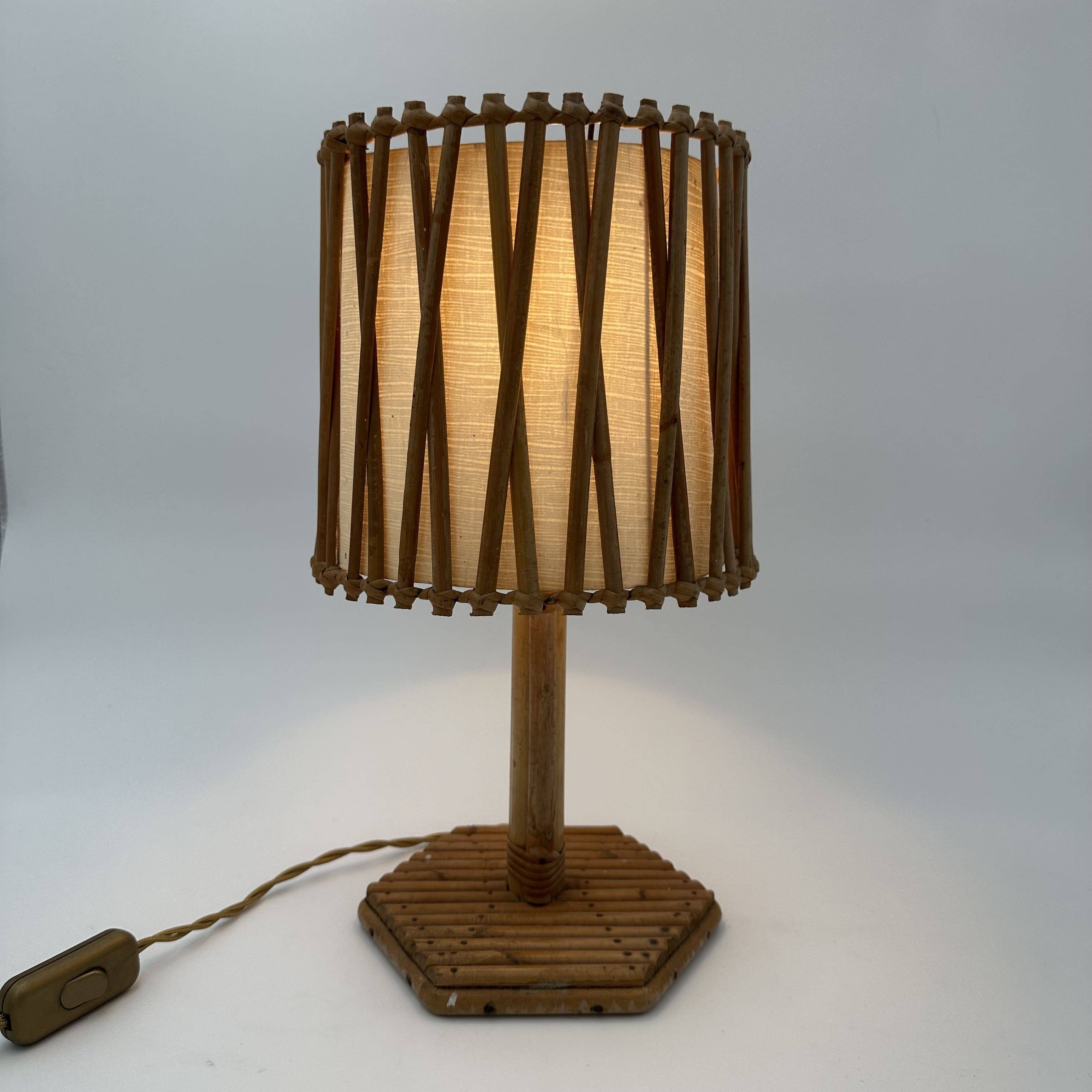 Rattan Table Lamp with Crosshatch Shade, Attributed to Louis Sognot,