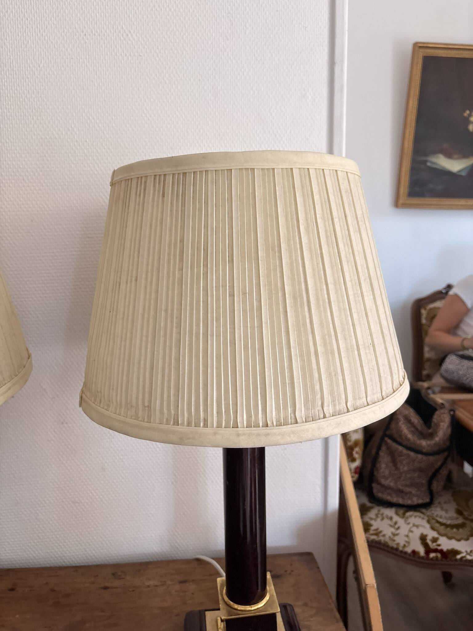 Pair of Neo-Classical Burgundy Lamps with Jansen Style Shades, Chic Le Dauphin