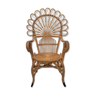 Chaise bohême peacock 1970 rotin vintage