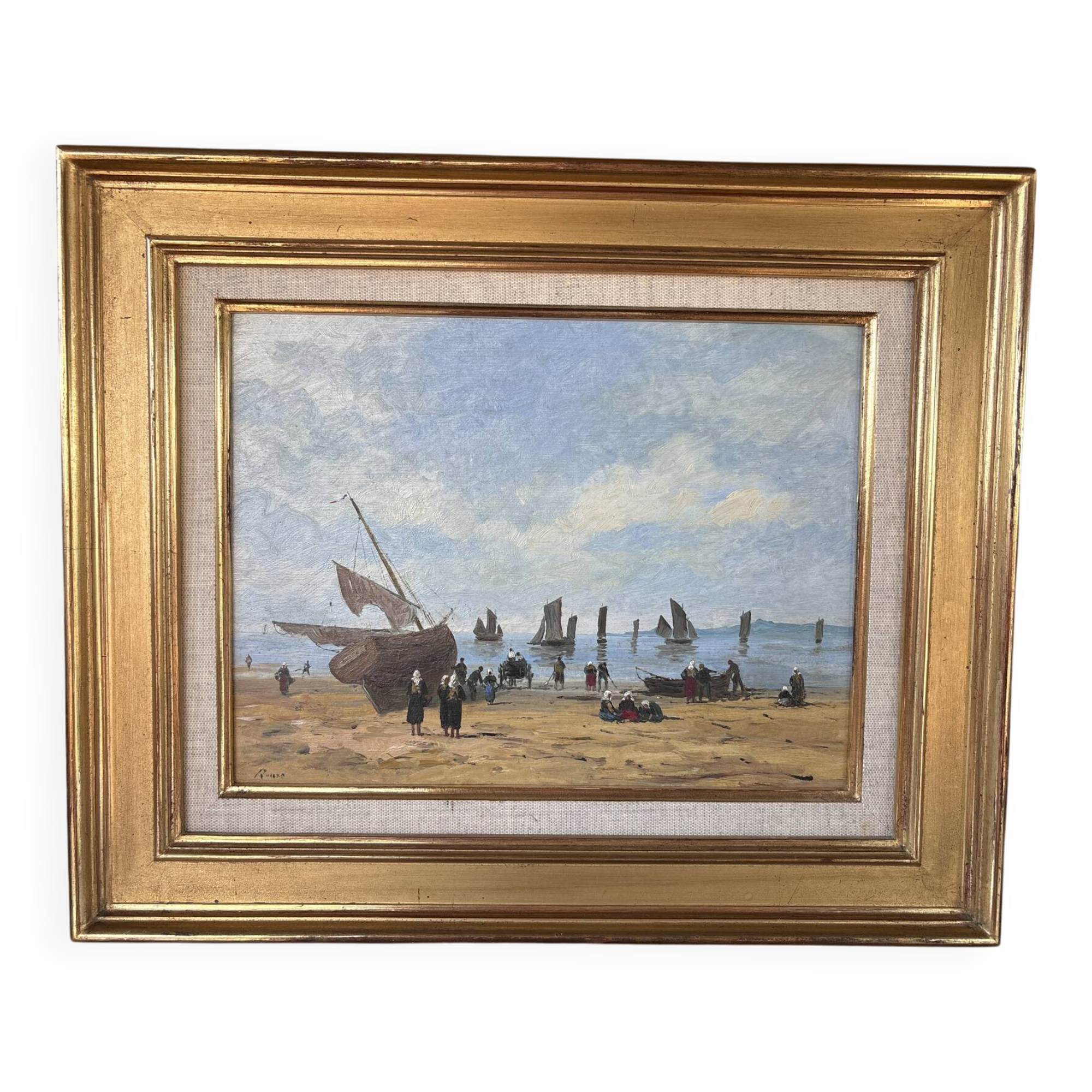 Painting signed Gérard Roux known as "Rouxe" – Scene of a Normandy beach