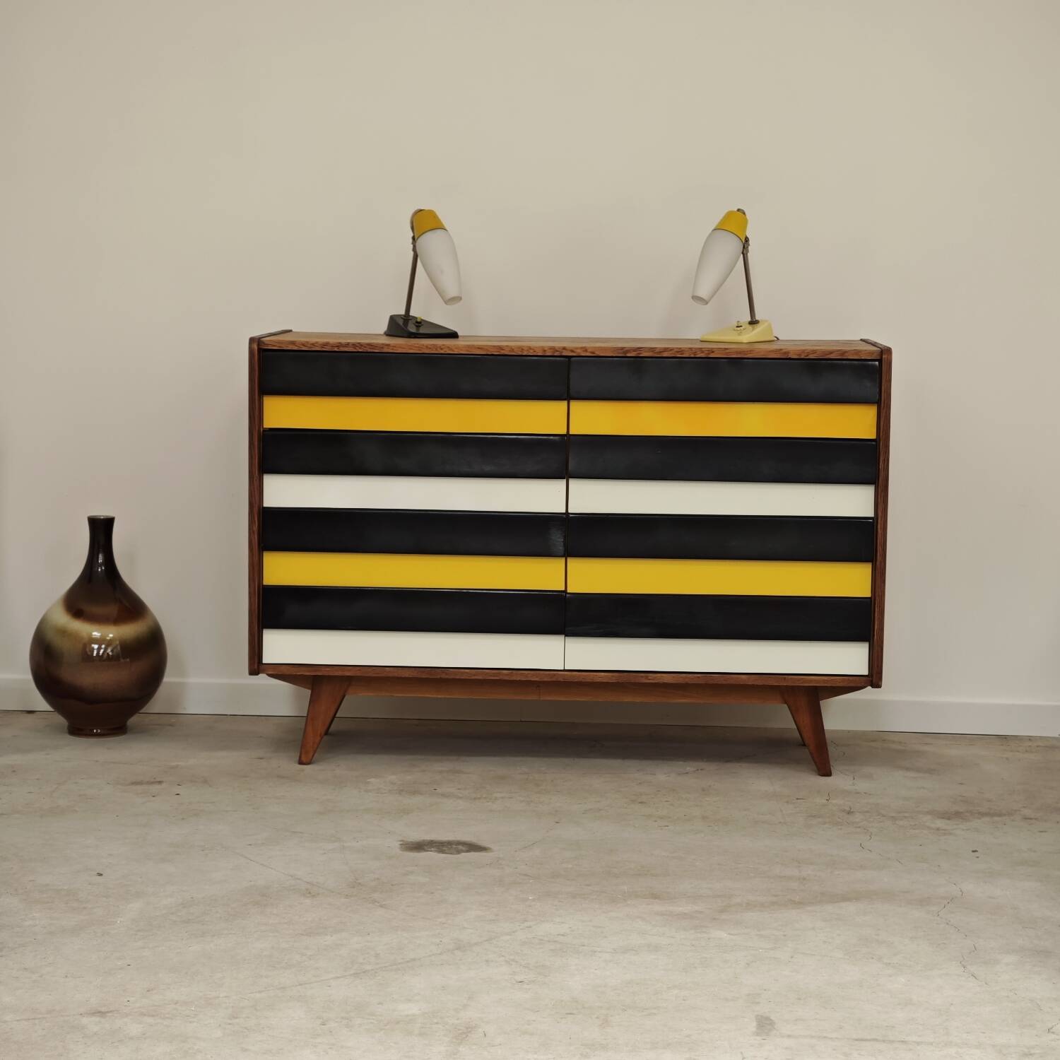 U453 yellow 8-drawer wooden sideboard by Jiri Jiroutek for Interier Praha 1960