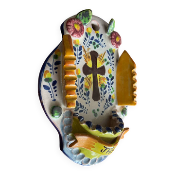 Vintage glazed terracotta holy water font