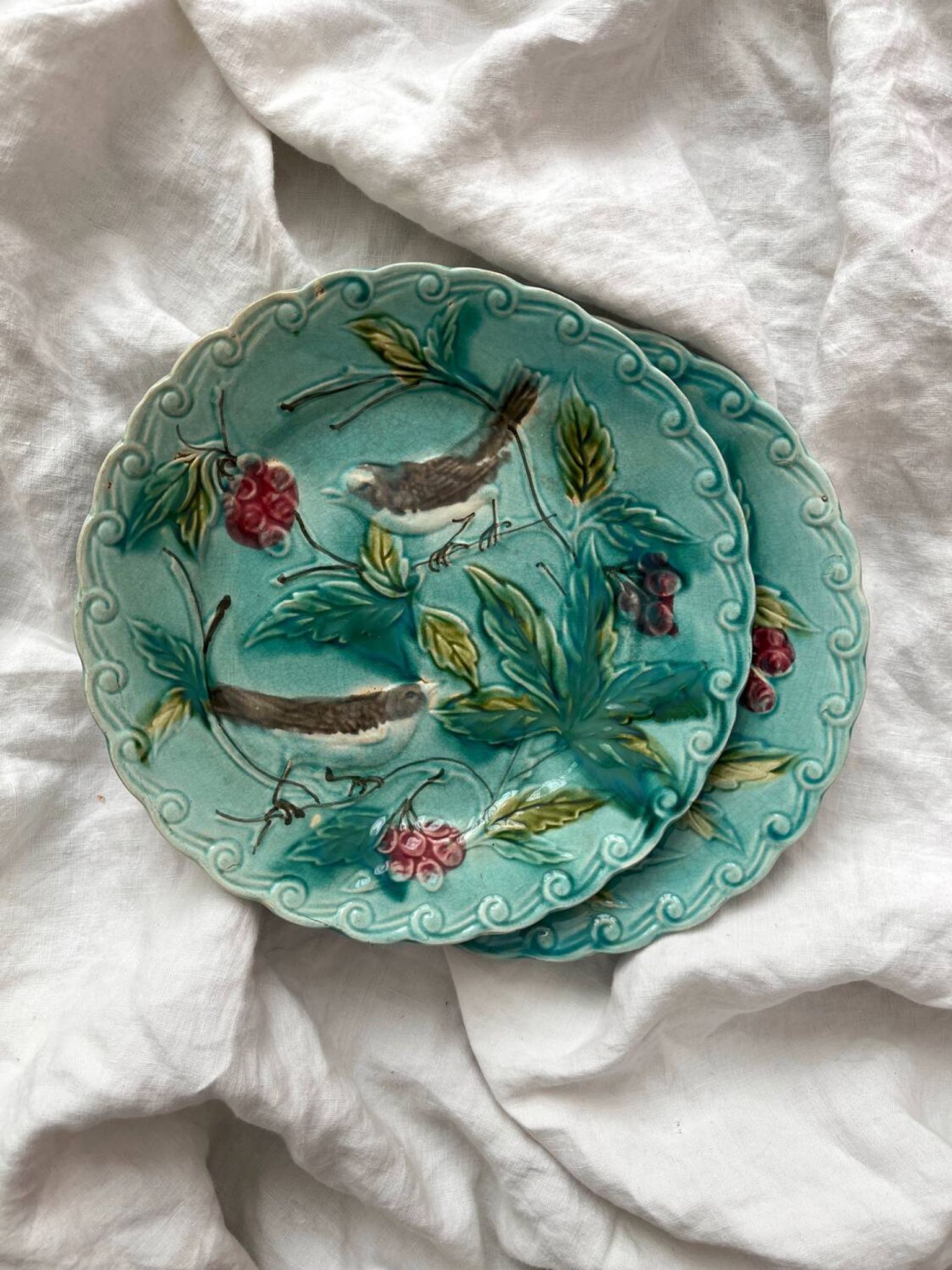 Two Onnaing barbotine bird plates, late 19th century