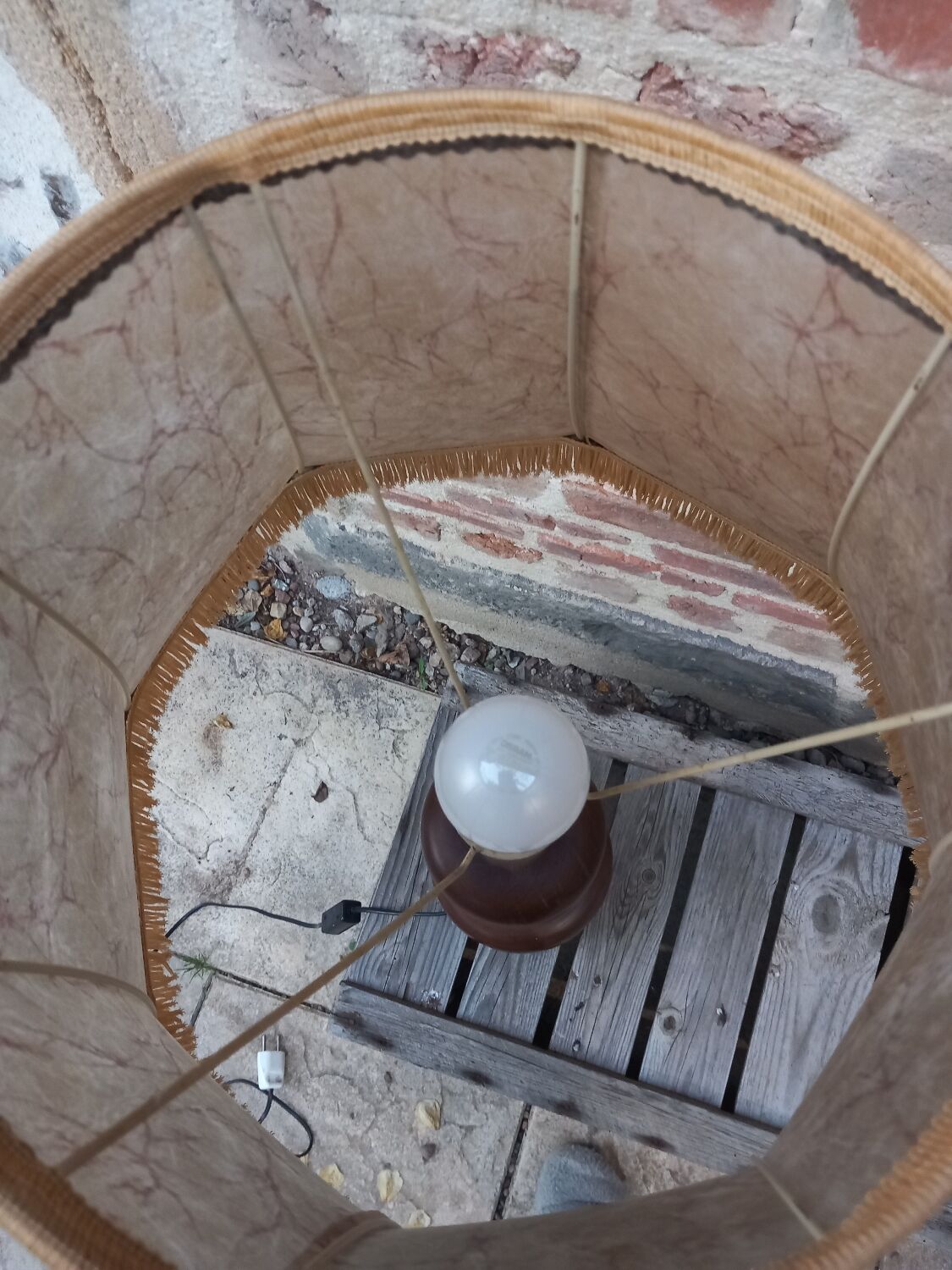 Vintage wooden lamp with fringed shade