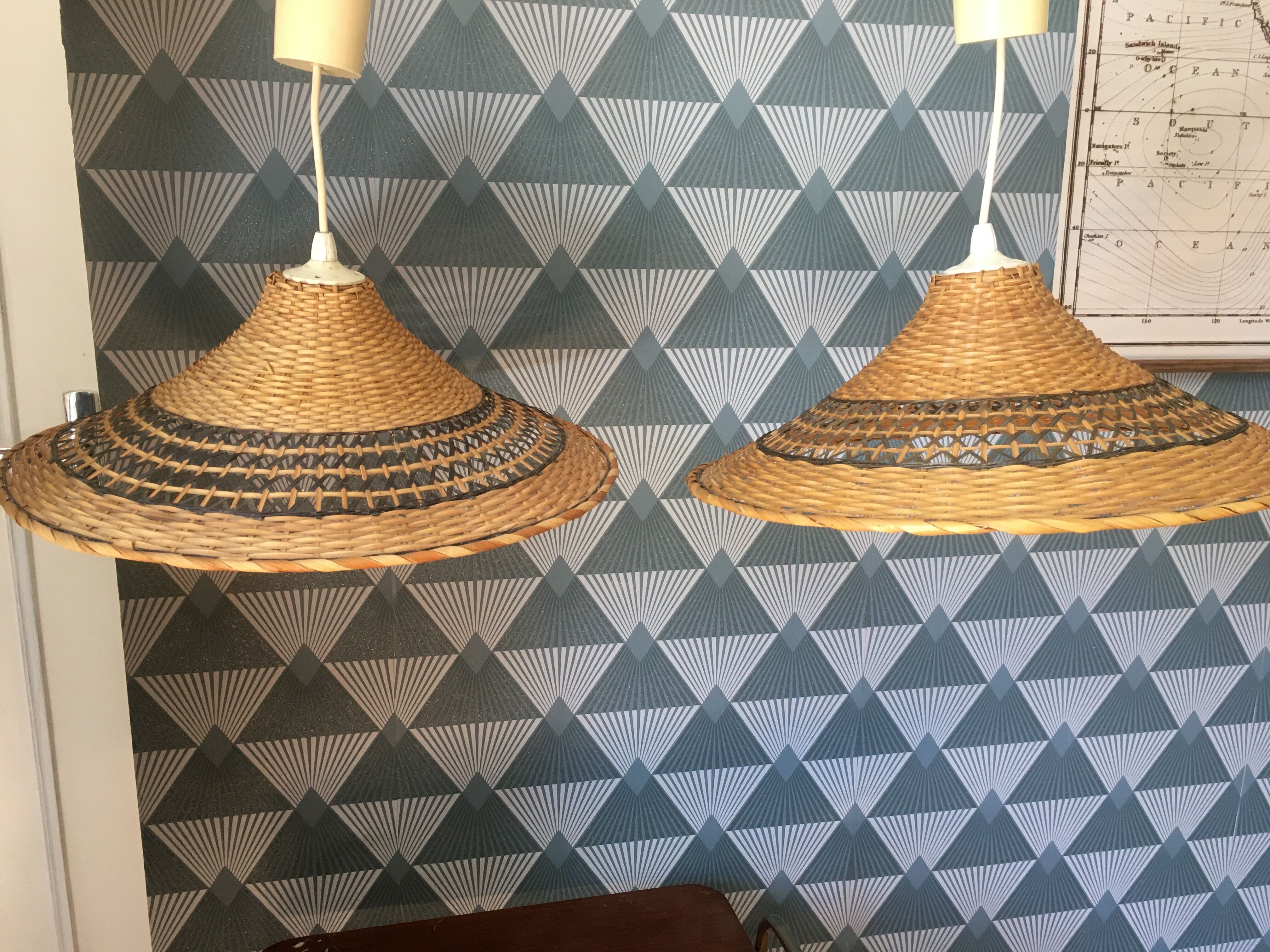 Pair of vintage wicker hanging lamp