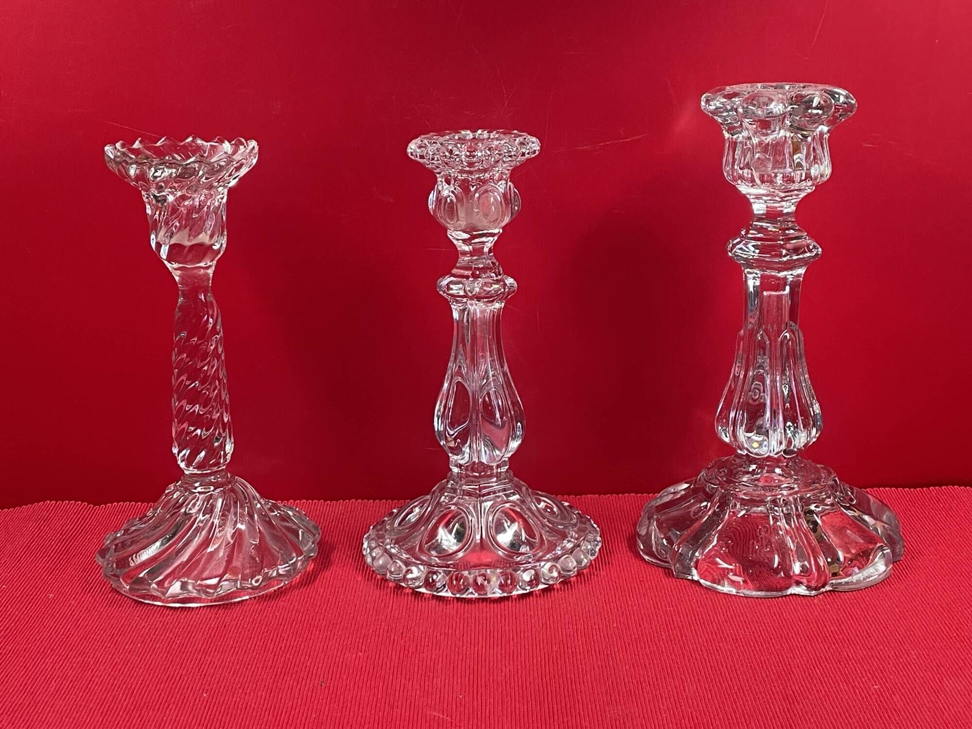 Set of 3 different candle holders, molded glass, very trendy 20 to 22 cm