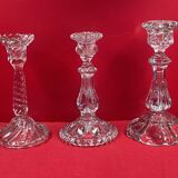 Set of 3 different candle holders, molded glass, very trendy 20 to 22 cm
