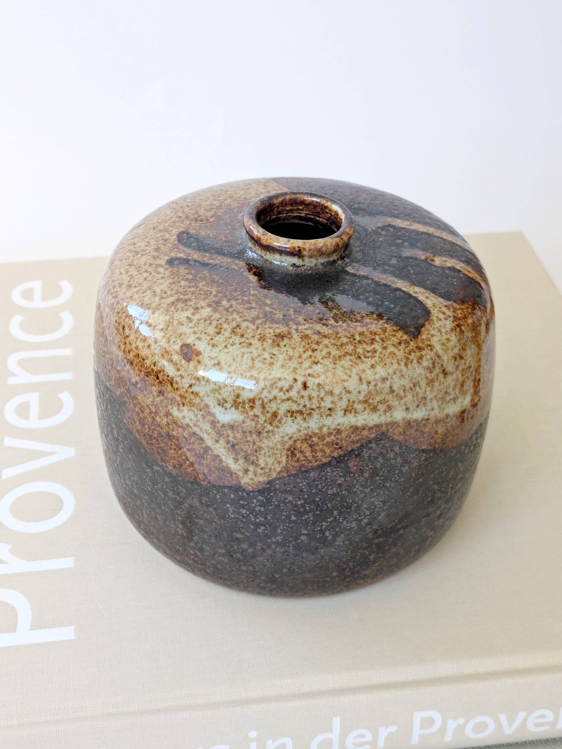 Round stoneware vase, brown and cream glaze, vintage handmade pottery