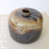 Round stoneware vase, brown and cream glaze, vintage handmade pottery