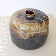 Round stoneware vase, brown and cream glaze, vintage handmade pottery
