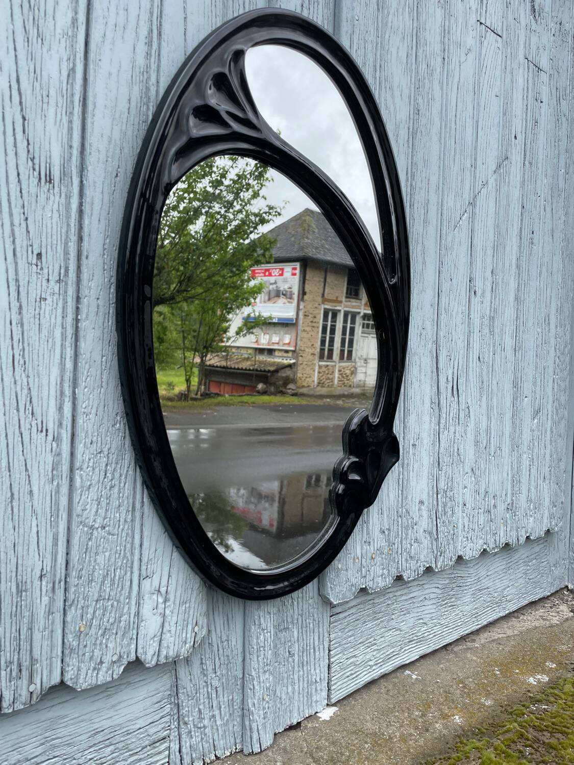 miroir ovale ancien Art Nouveau fonte d'acier émaillée