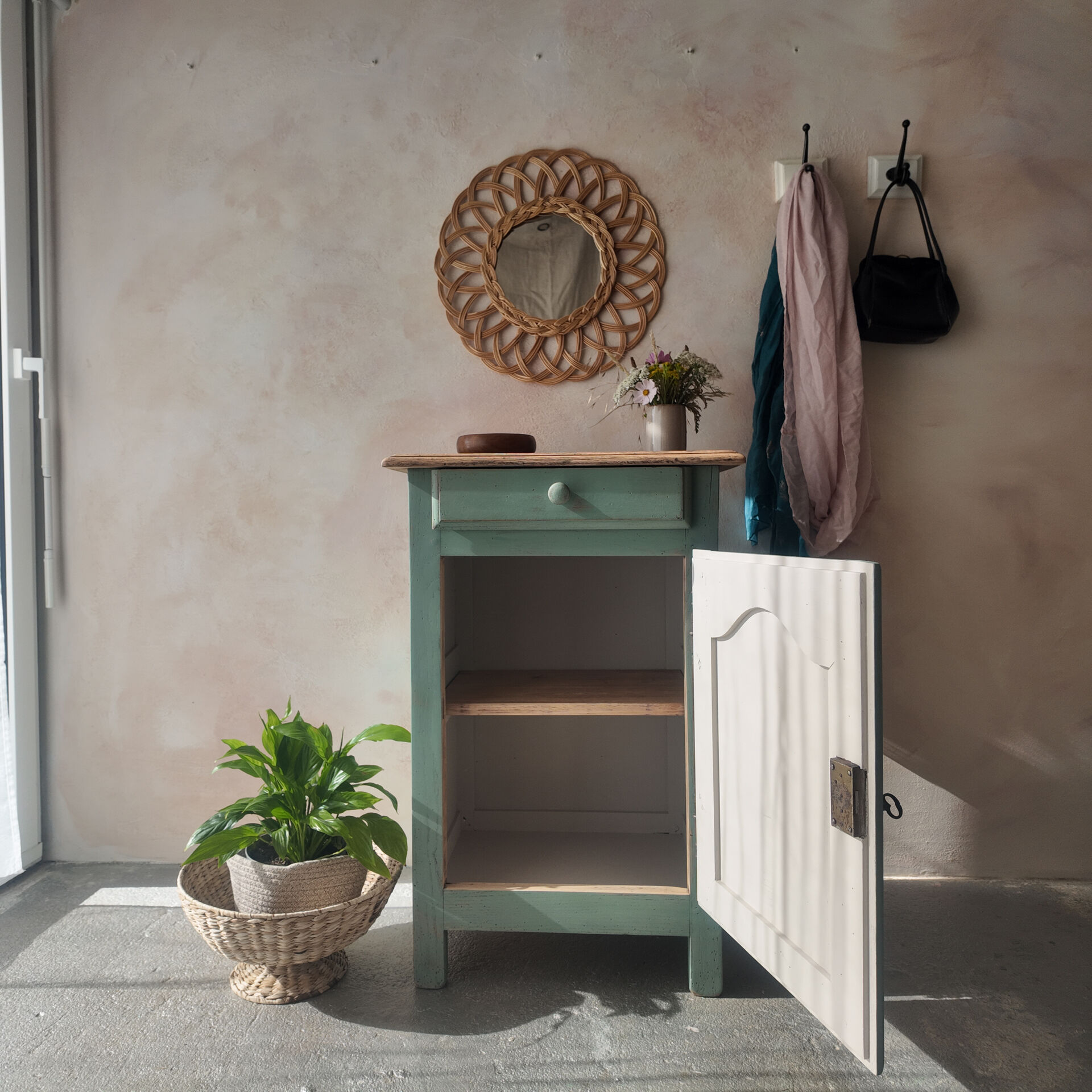 Small vintage side table in sage green patina and solid wood.