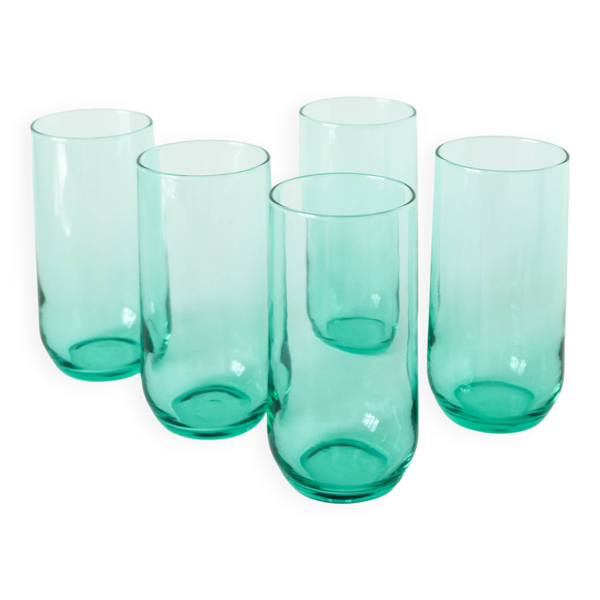 Lot de 5 verres à eau Long Drink en verre vert, 1970