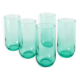Set of 5 Long Drink water glasses in green glass, 1970