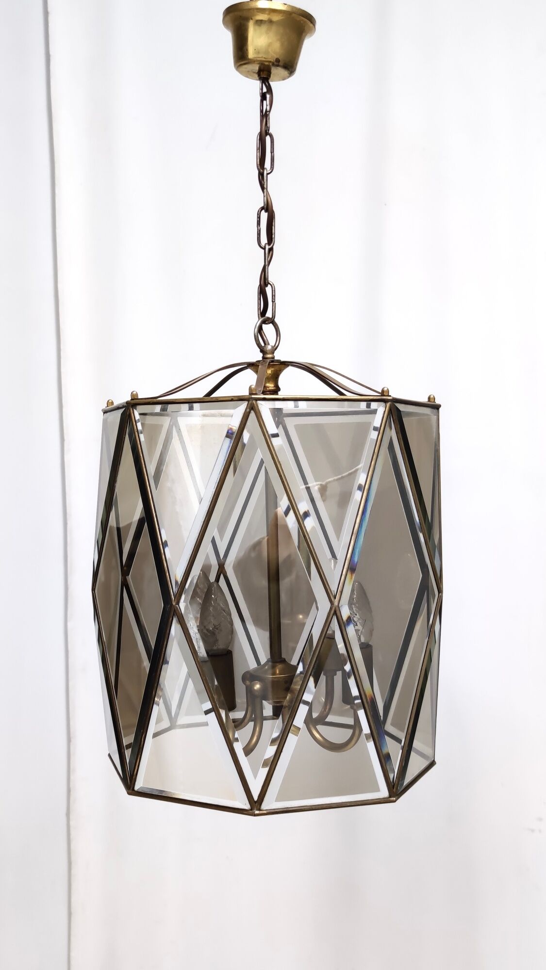 Vintage handmande octagonal glass and brass pendant lantern, Italy