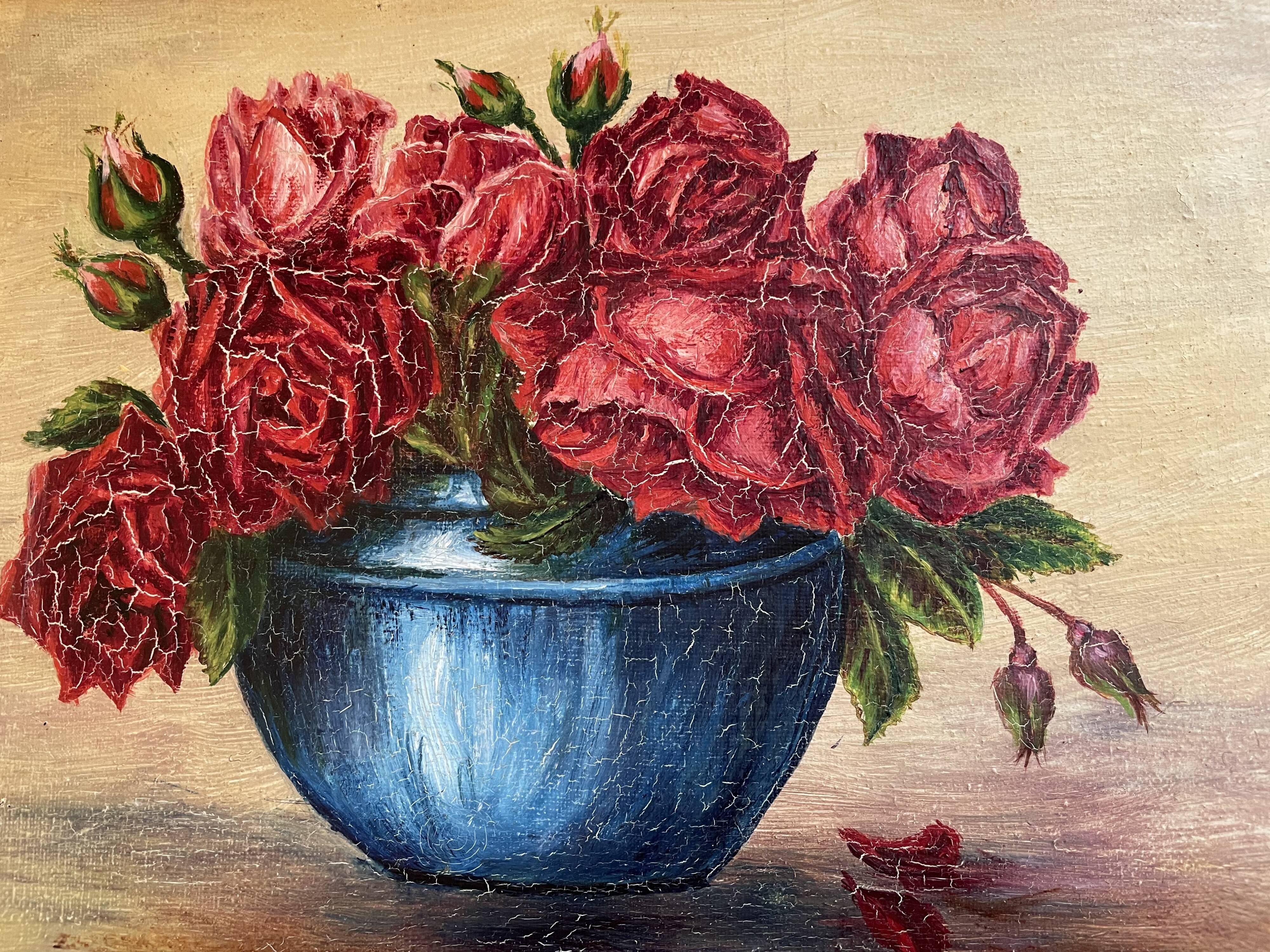 Oil on canvas bouquet of roses signed P. HELLO