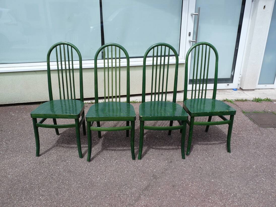 Set of 4 vintage Baumann Eden bistro chairs in green wood