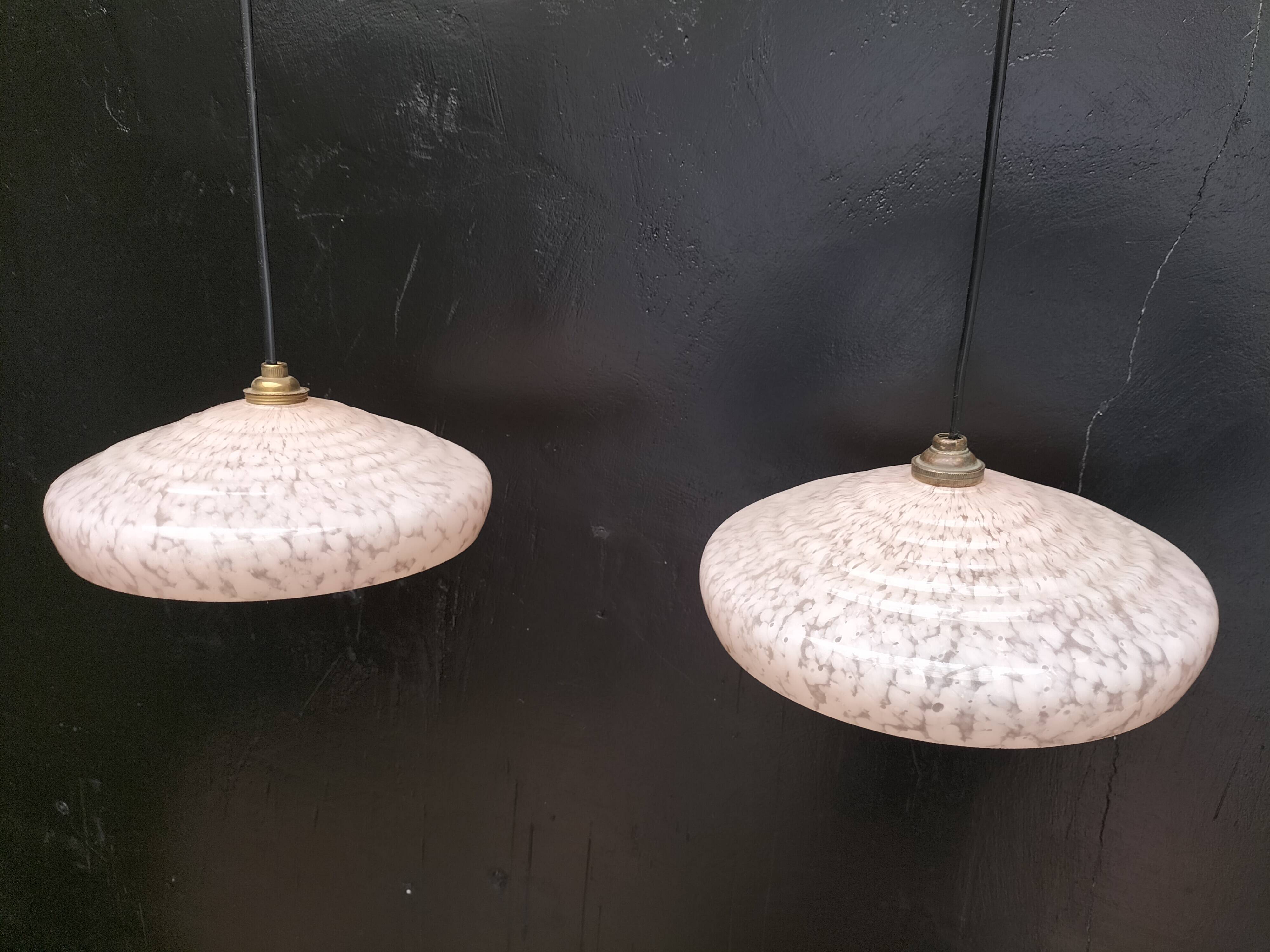 2 speckled pink opaline pendant lights