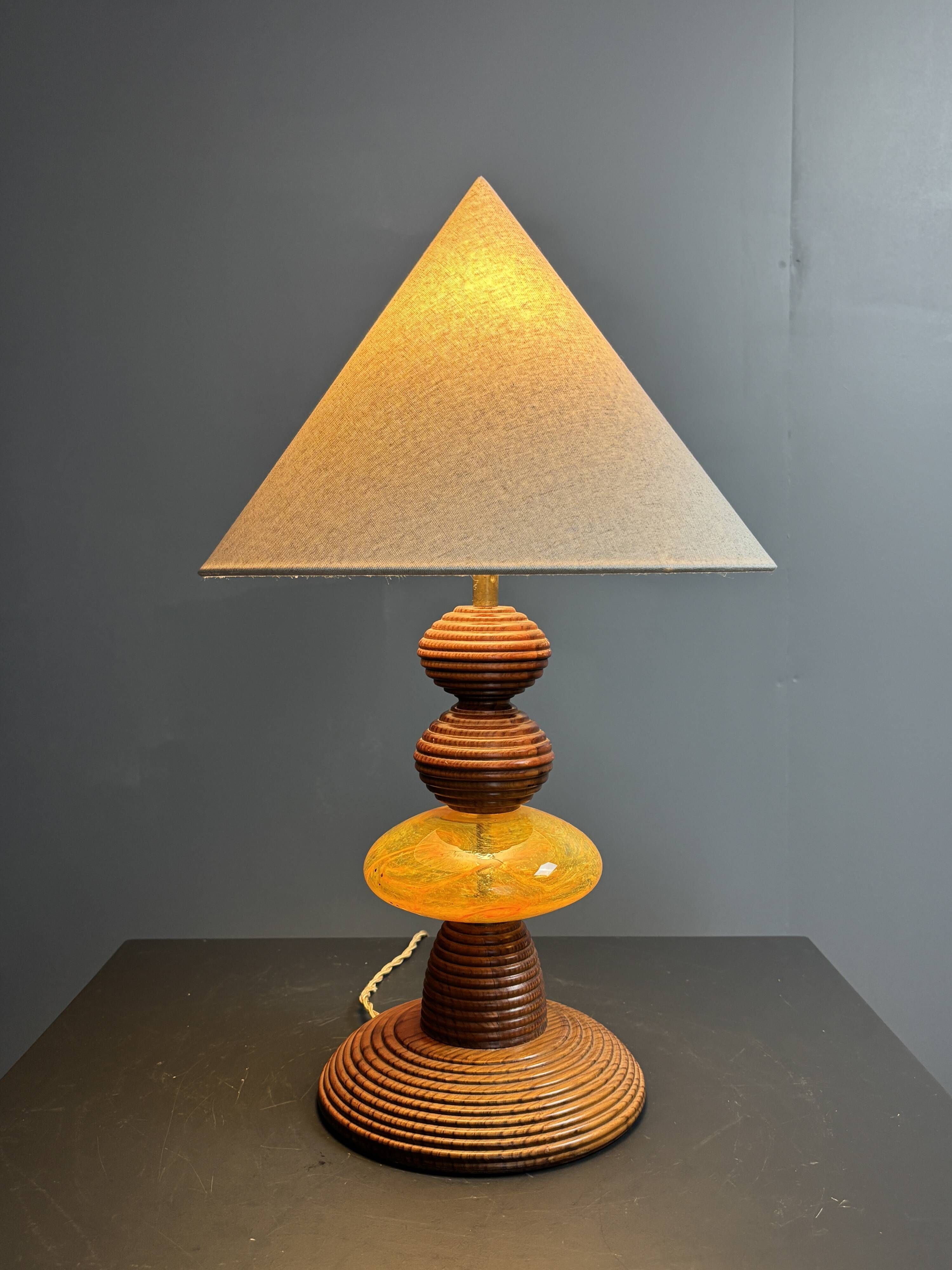Midcentury wood turned adjustable table lamp with glass sphere, 1970s