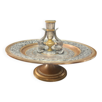 Superbe bougeoir / centre de table ancien laiton & argenté et cuivre style