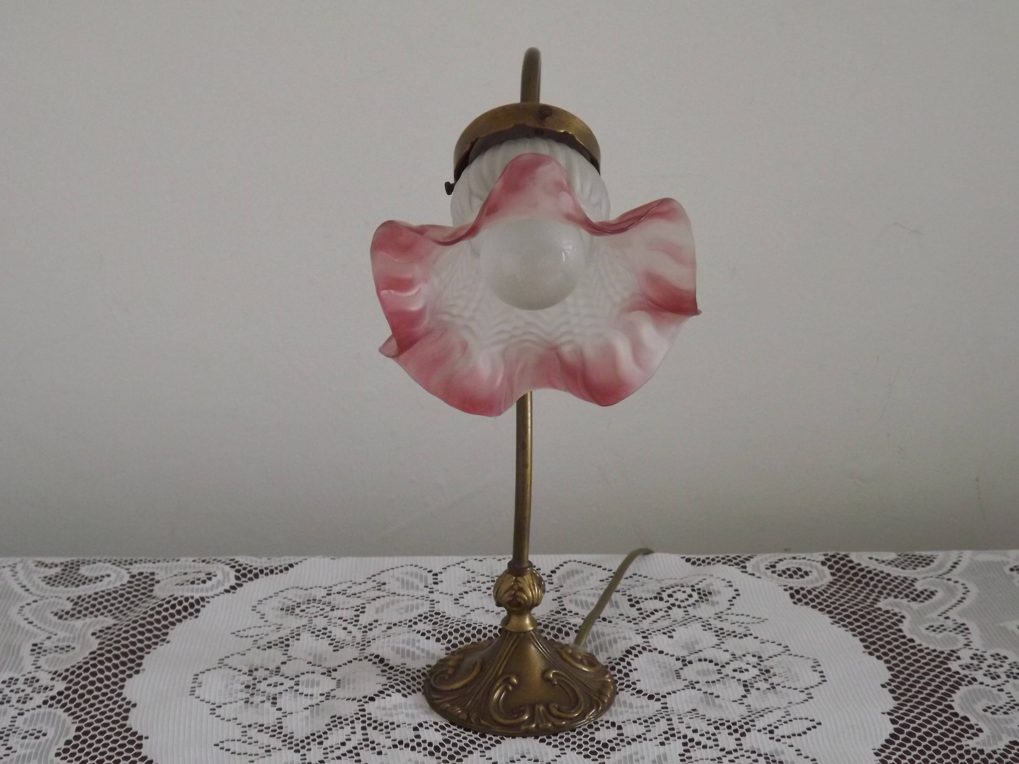 French Art Nouveau Brass Goose Neck Table Lamp White & Pink Glass Shade