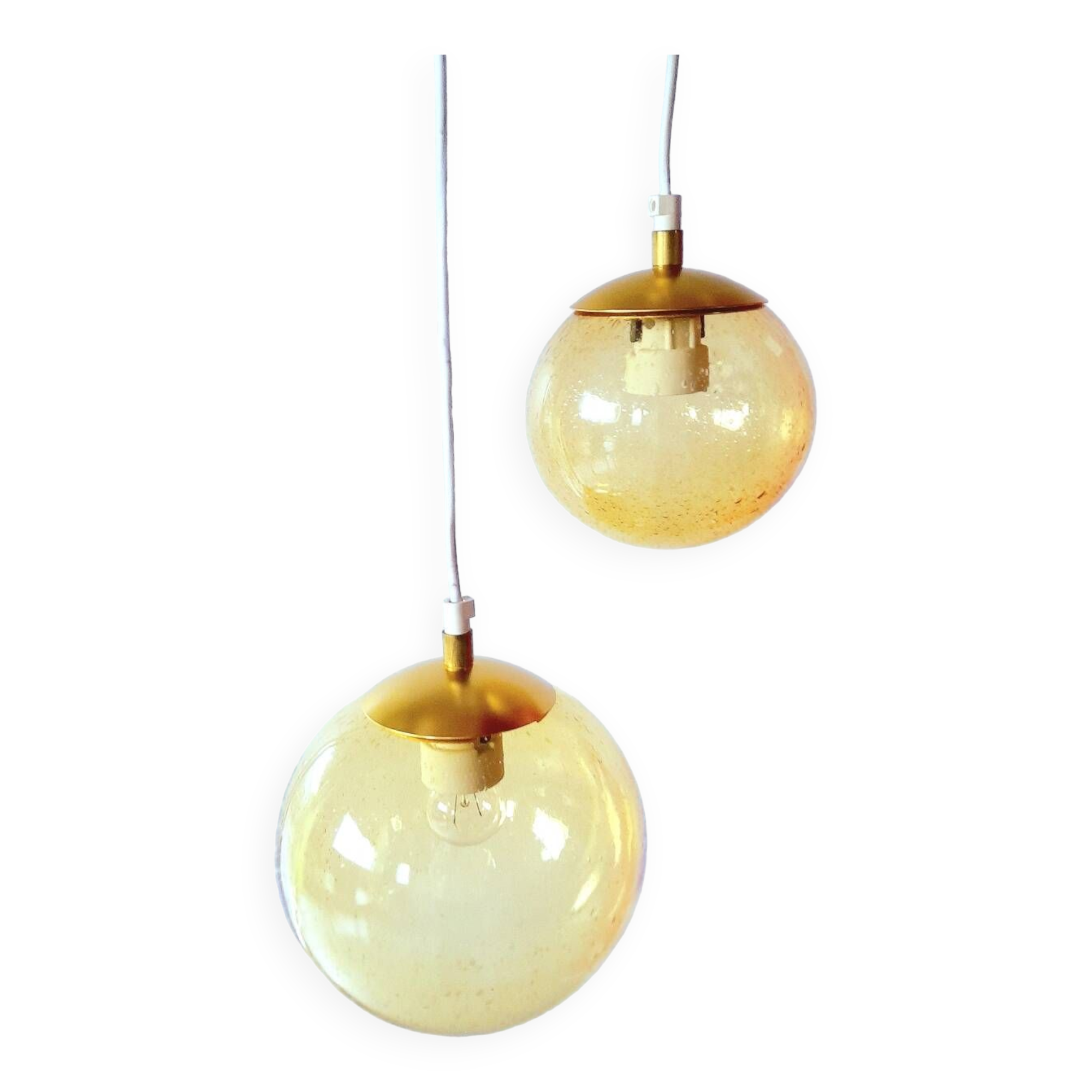 Set of 2 bubbled amber glass globe pendants