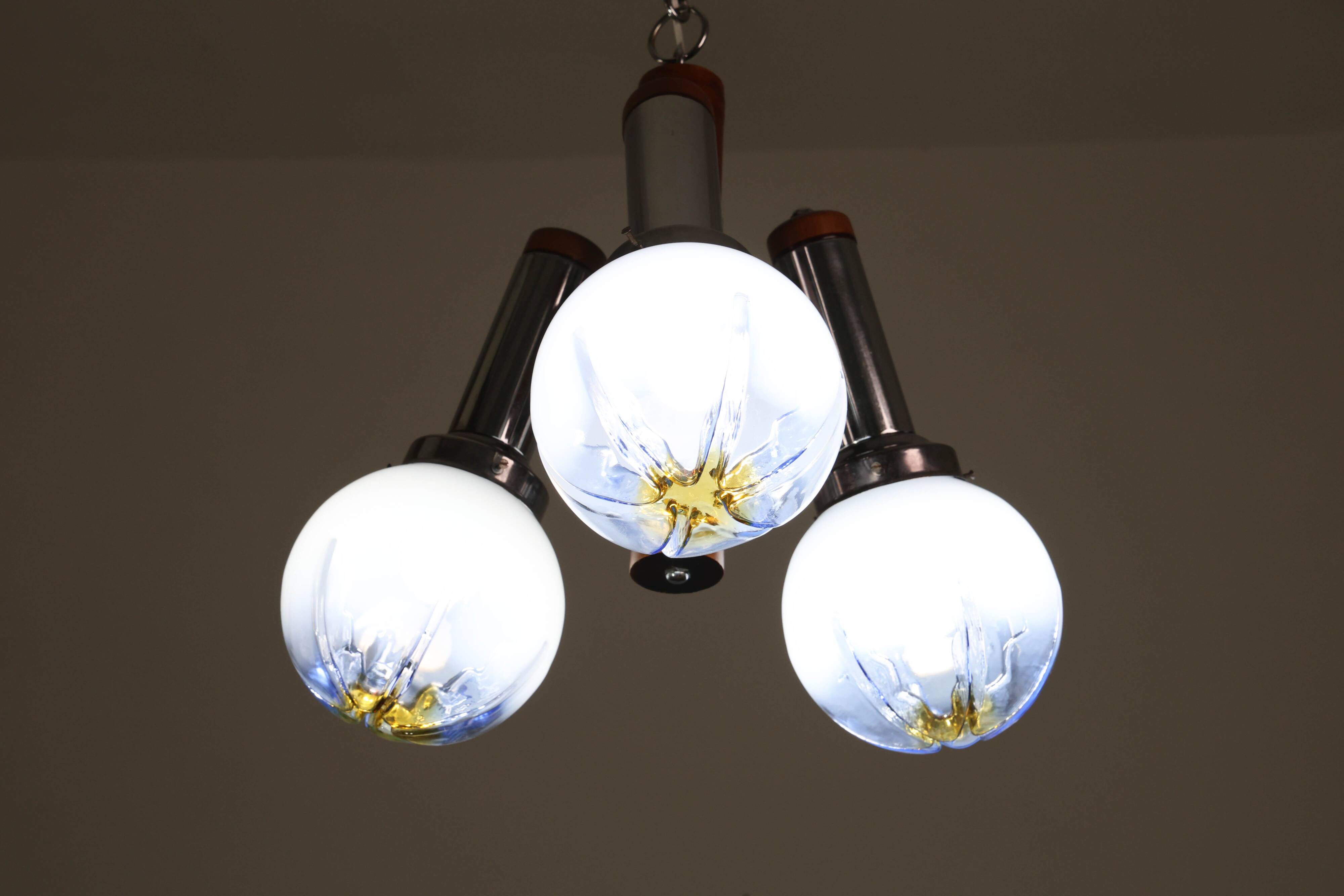 Chandelier en verre de Murano turquoise bleu à 3 lumières de style italien des années 50 par Mazzega