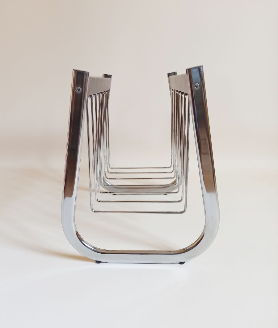 Magazine holder chrome metal and wood 70s