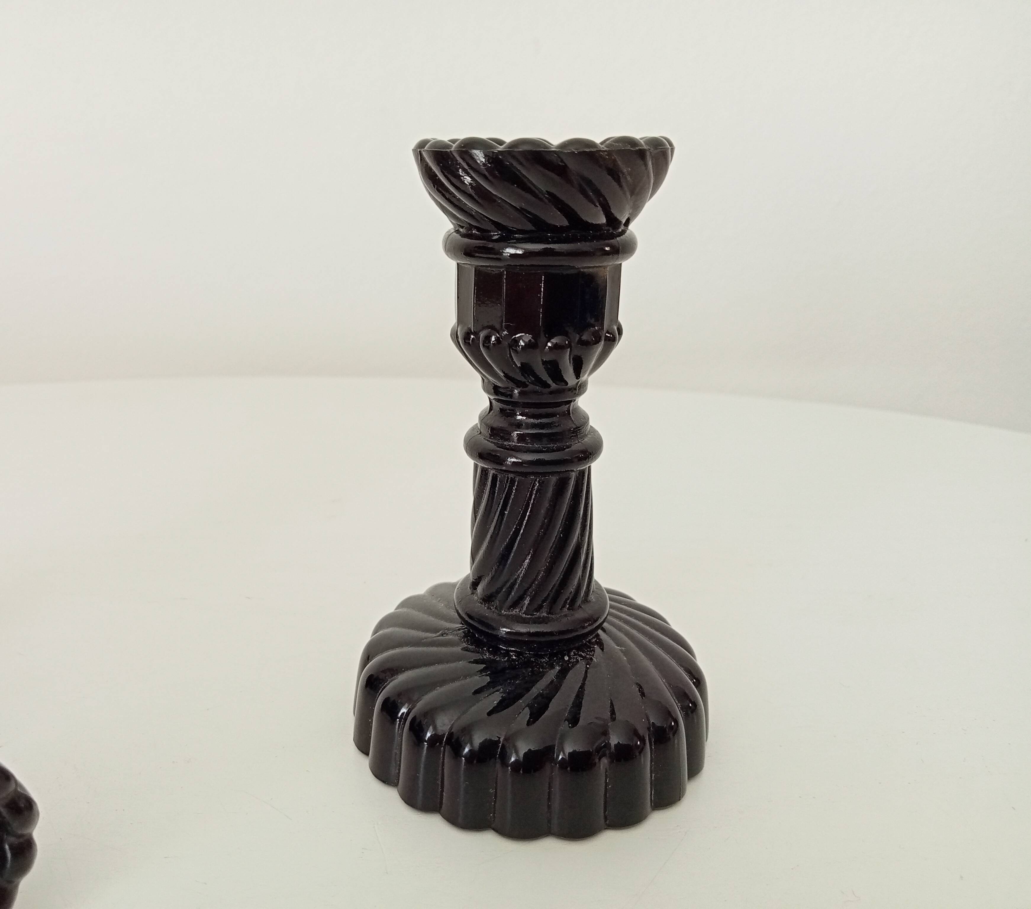 Pair of vintage 60s candlesticks in black opaline