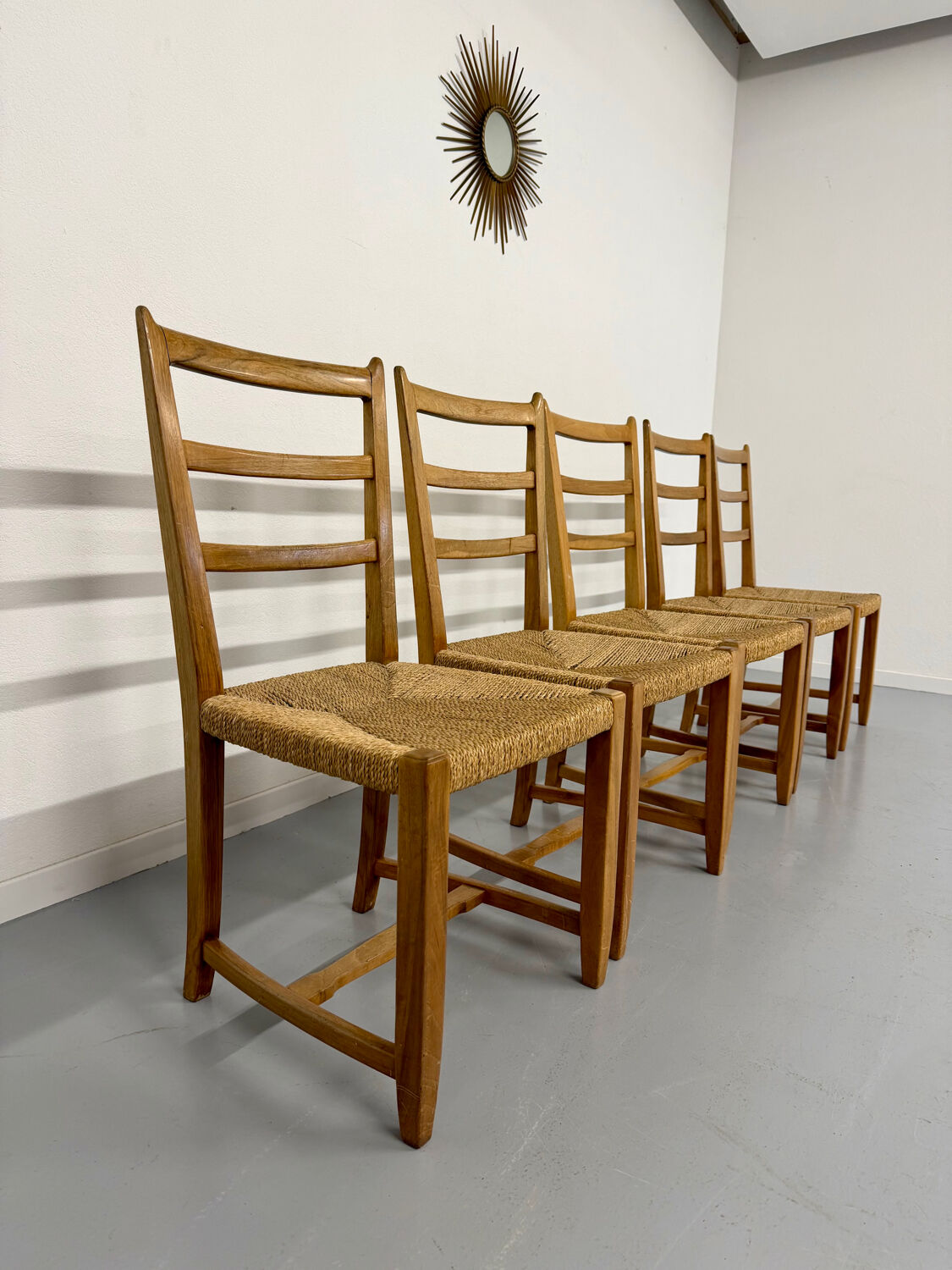 Set of 5 wooden chairs with rope seats, Scandinavian design, 1970s