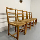 Set of 5 wooden chairs with rope seats, Scandinavian design, 1970s