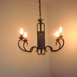 Green iron 4 light chandelier with scrolled arms