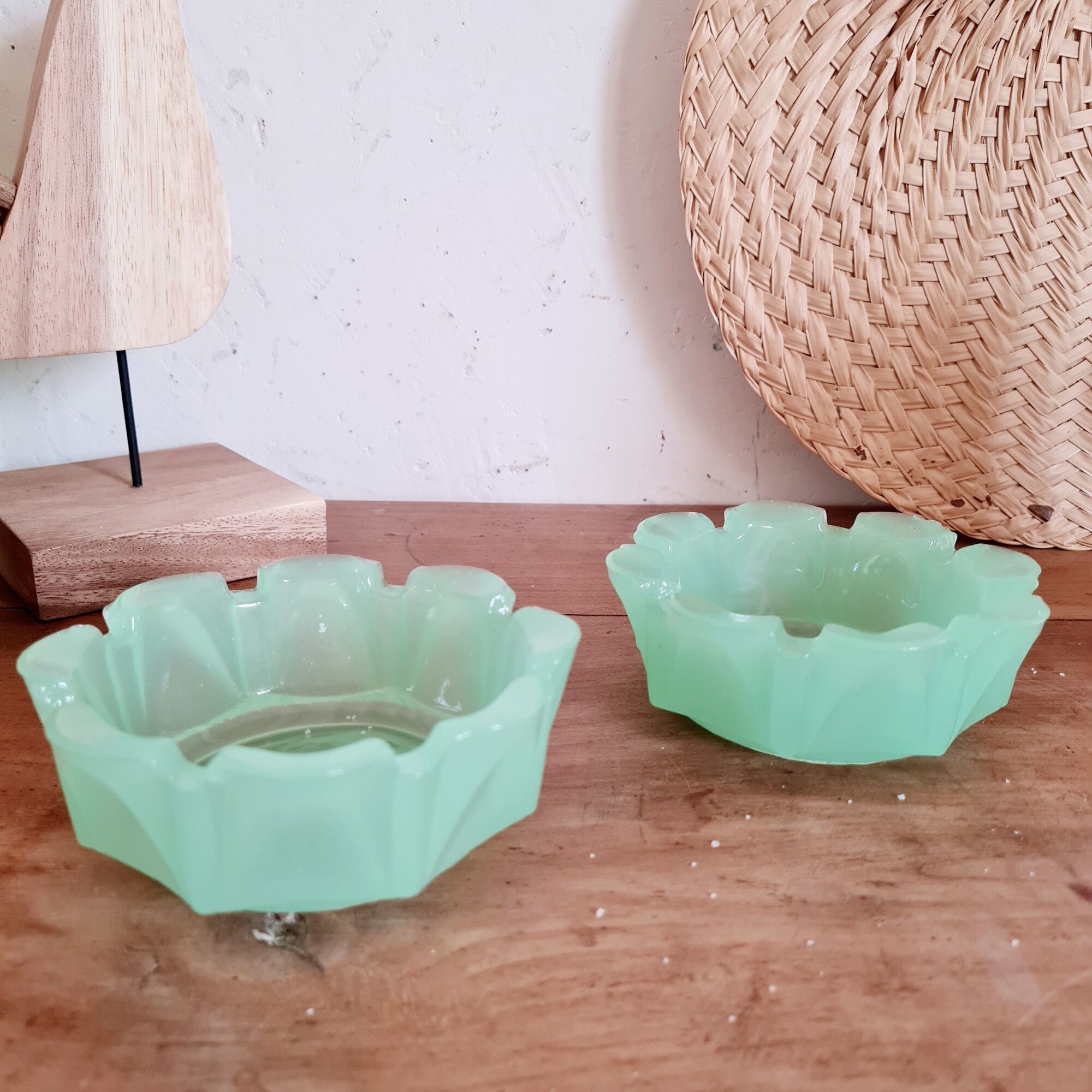 Duo of two candle holders cups in green opaline of water