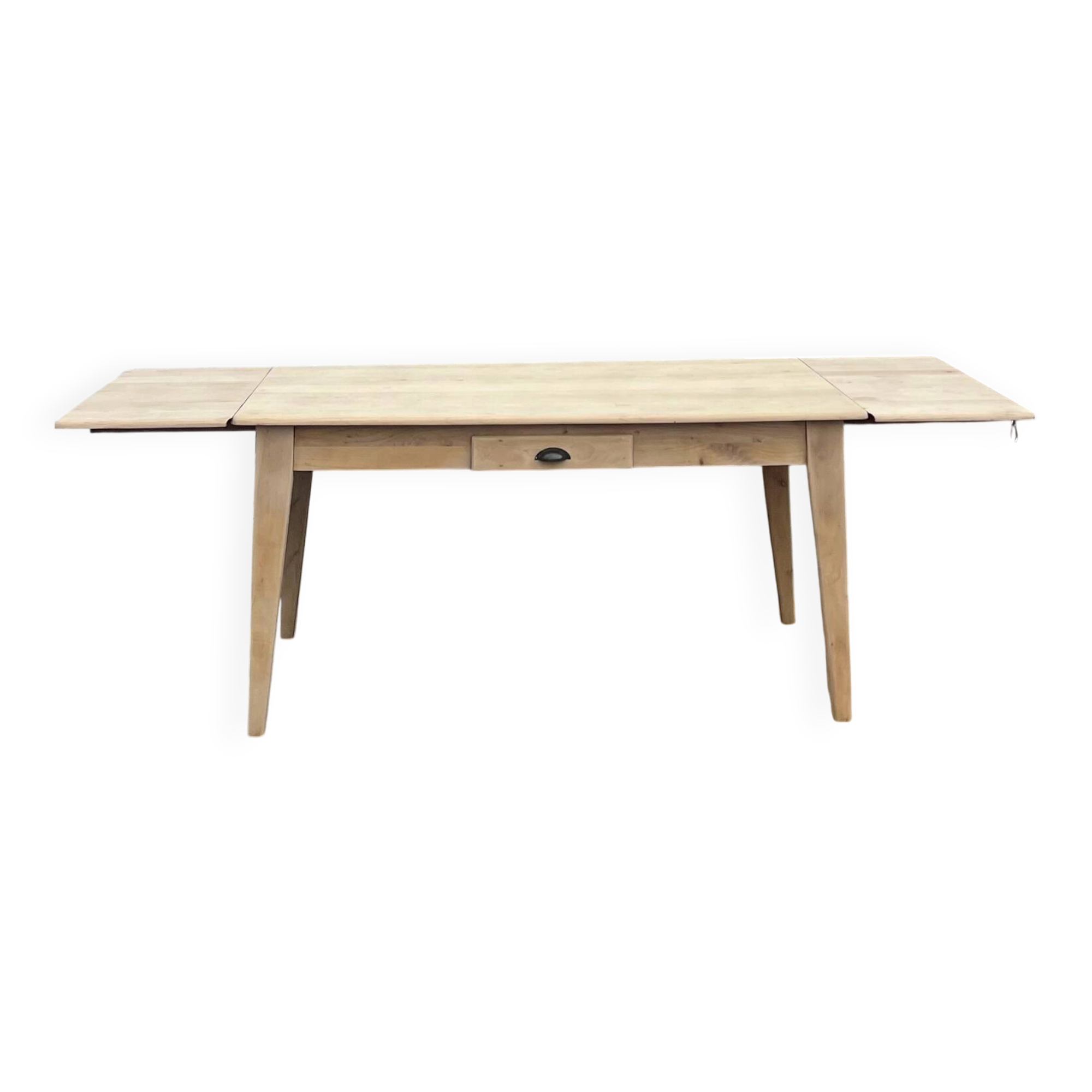 Large renovated table with 2 extensions and 2 drawers in raw solid wood.