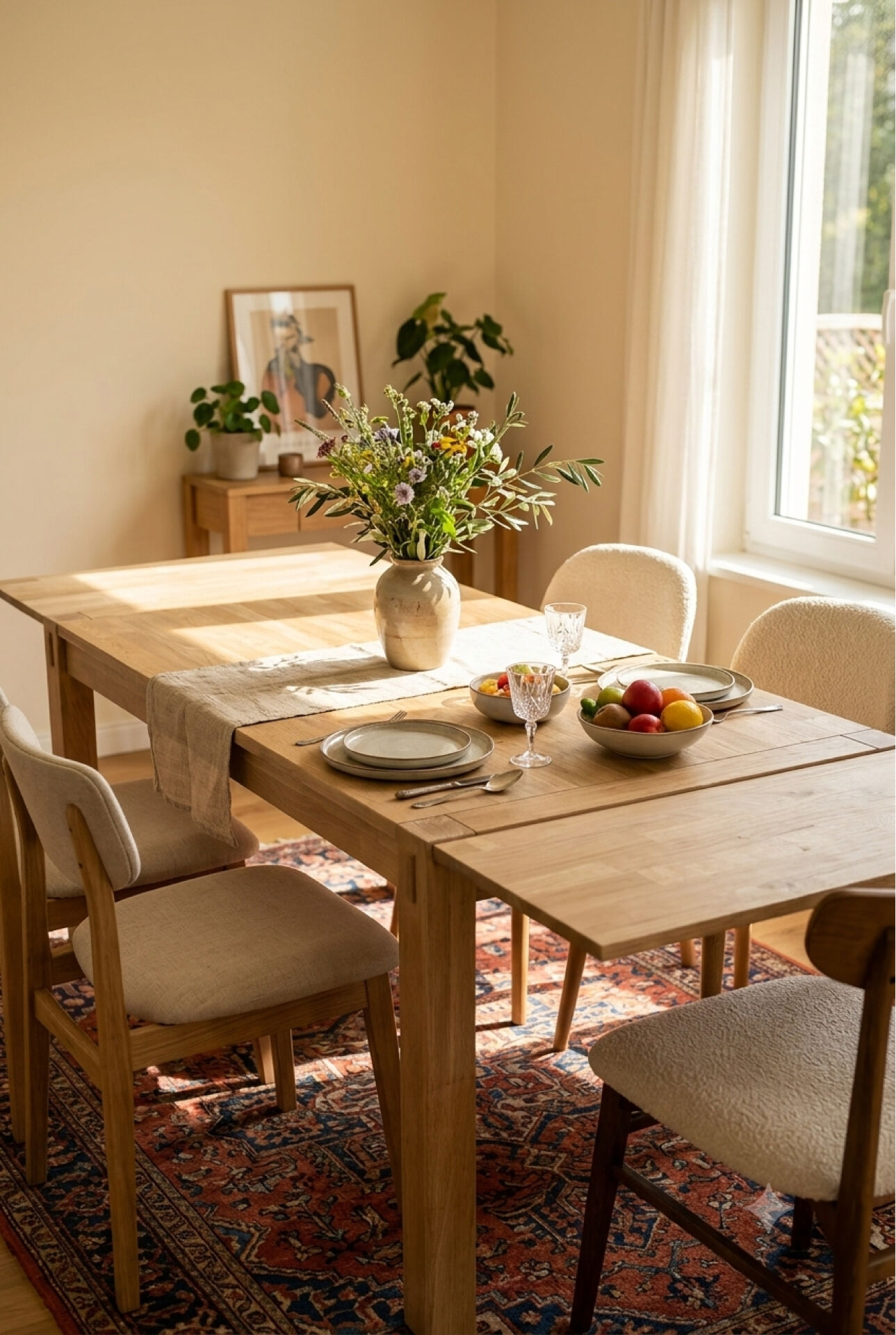 Grande table à manger scandinave extensible en chêne massif décapée 160-240