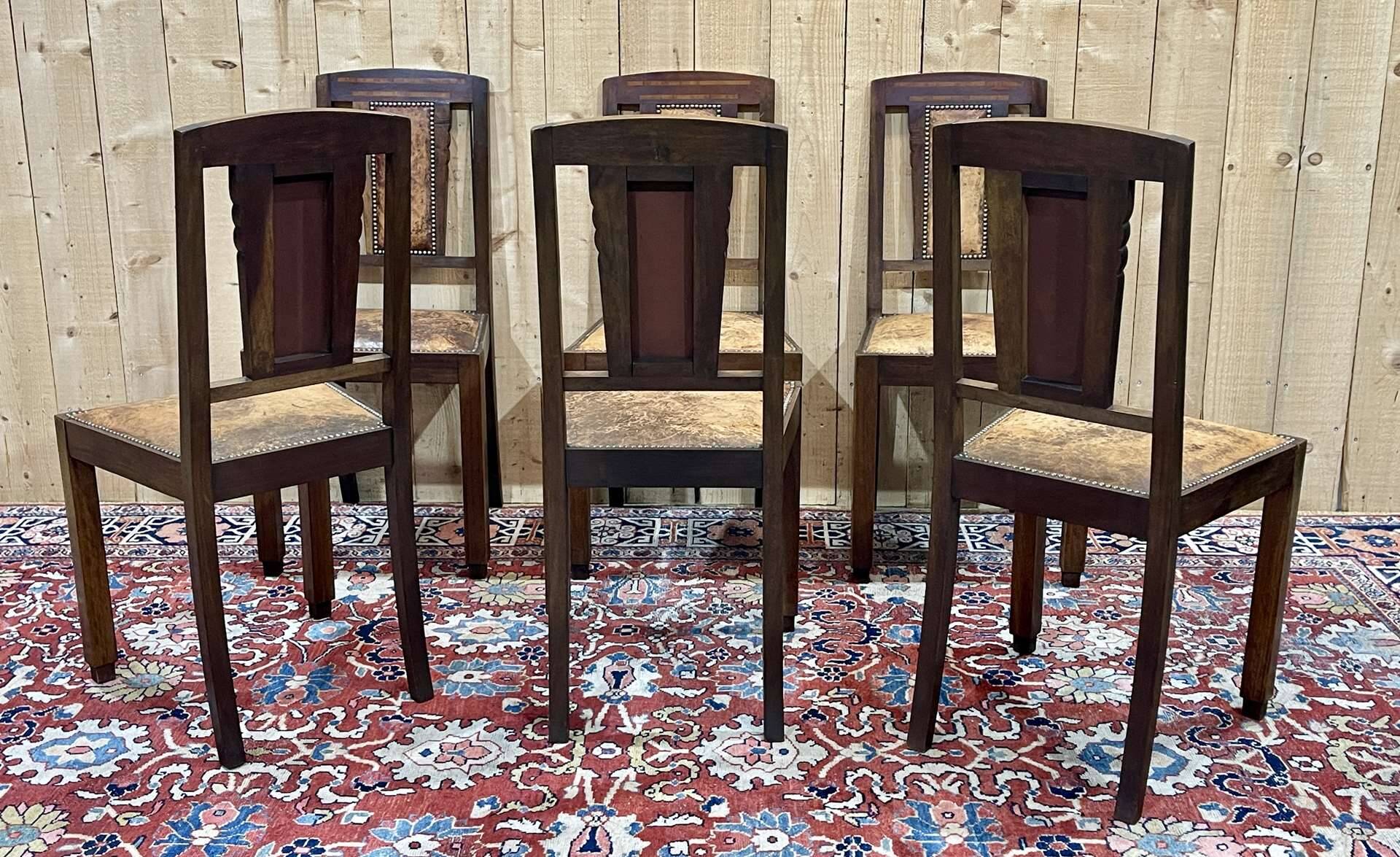 Series of 6 Art Deco chairs in mahogany and leather from the 1930s