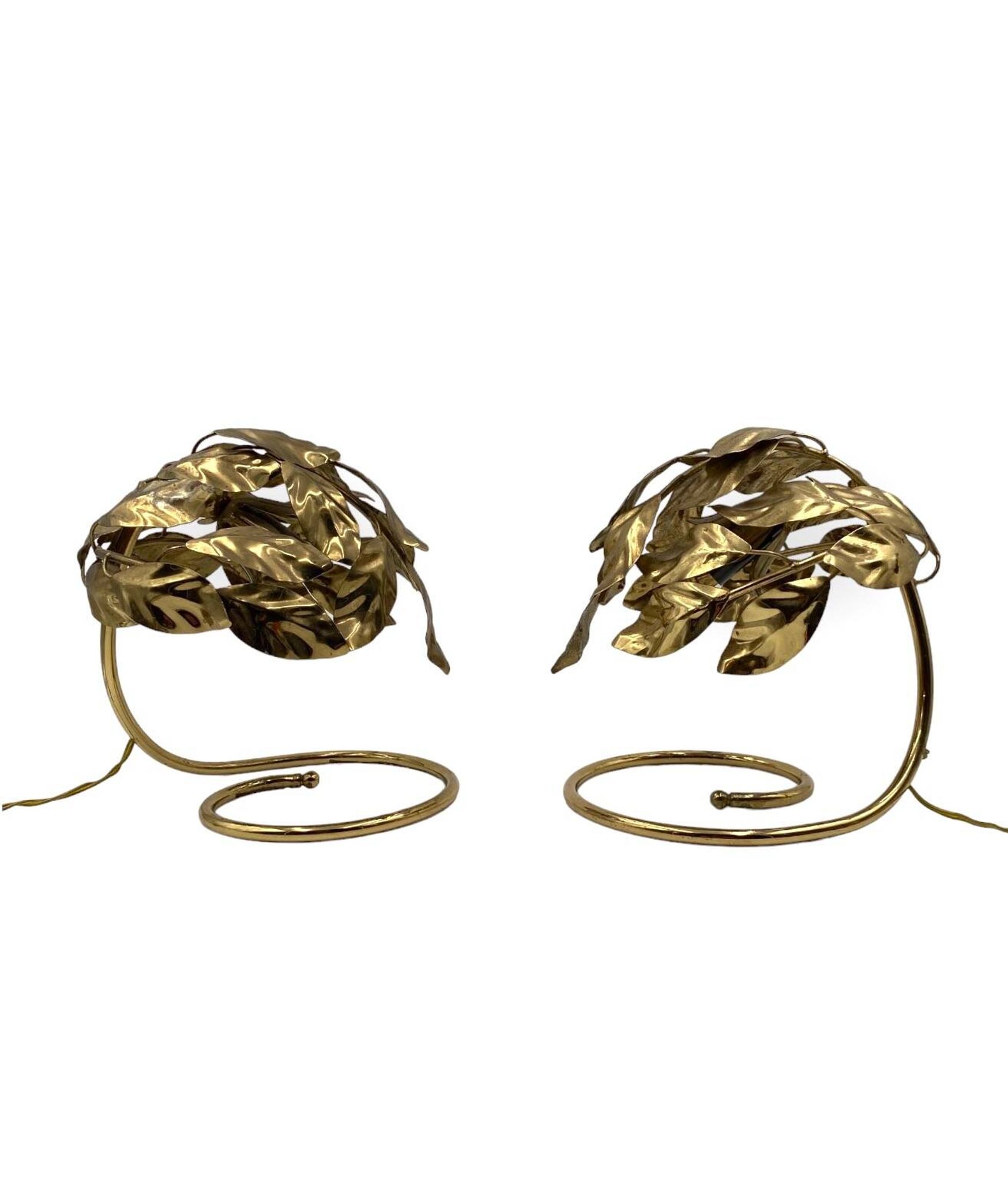 Hollywood regency set of 2 brass leaves table lamps, Bottega Gadda Italy, 1970s