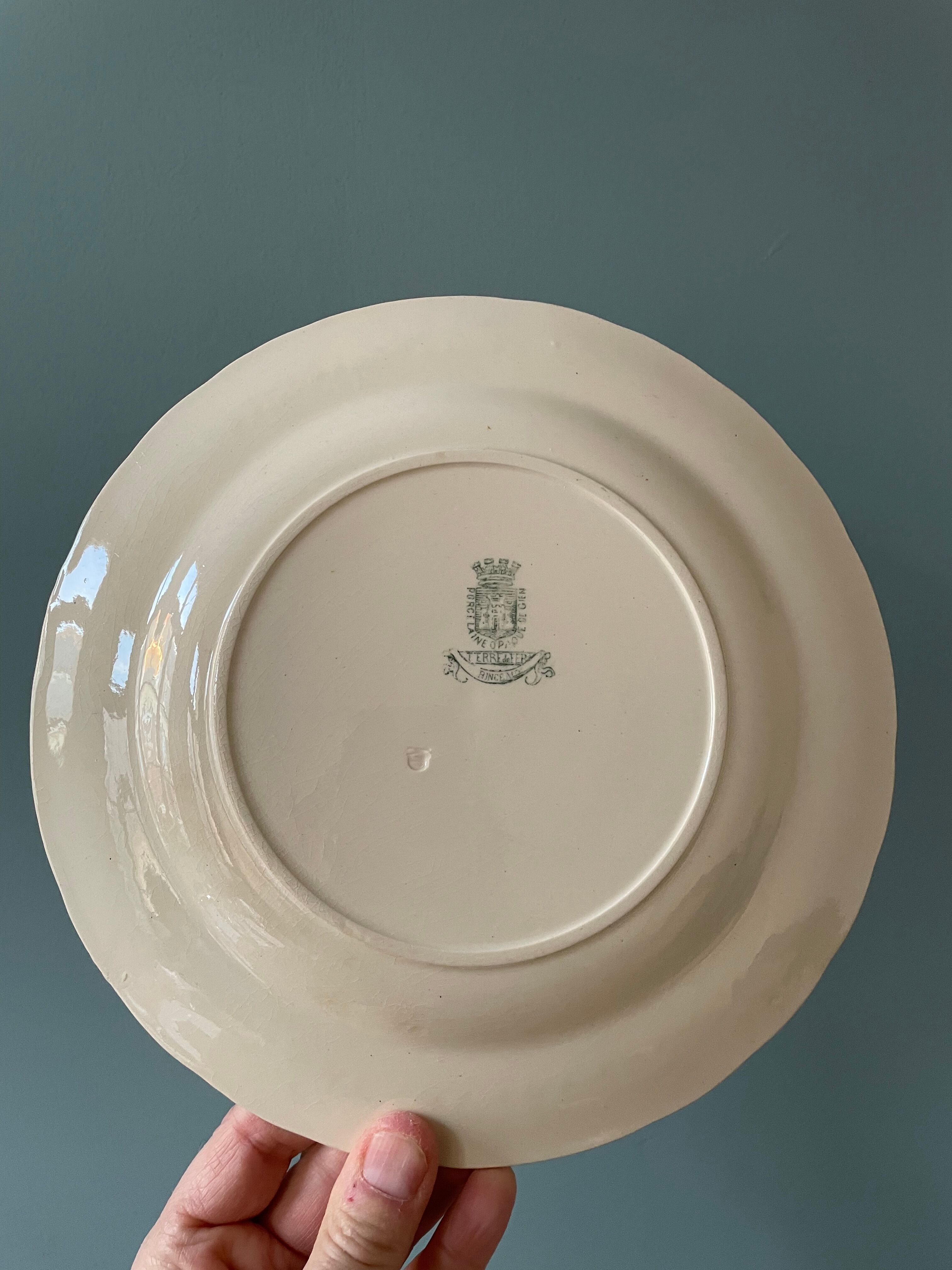 Set of 12 flat plates Terre De Fer XIXth in opaque porcelain of Gien, model Rinceaux