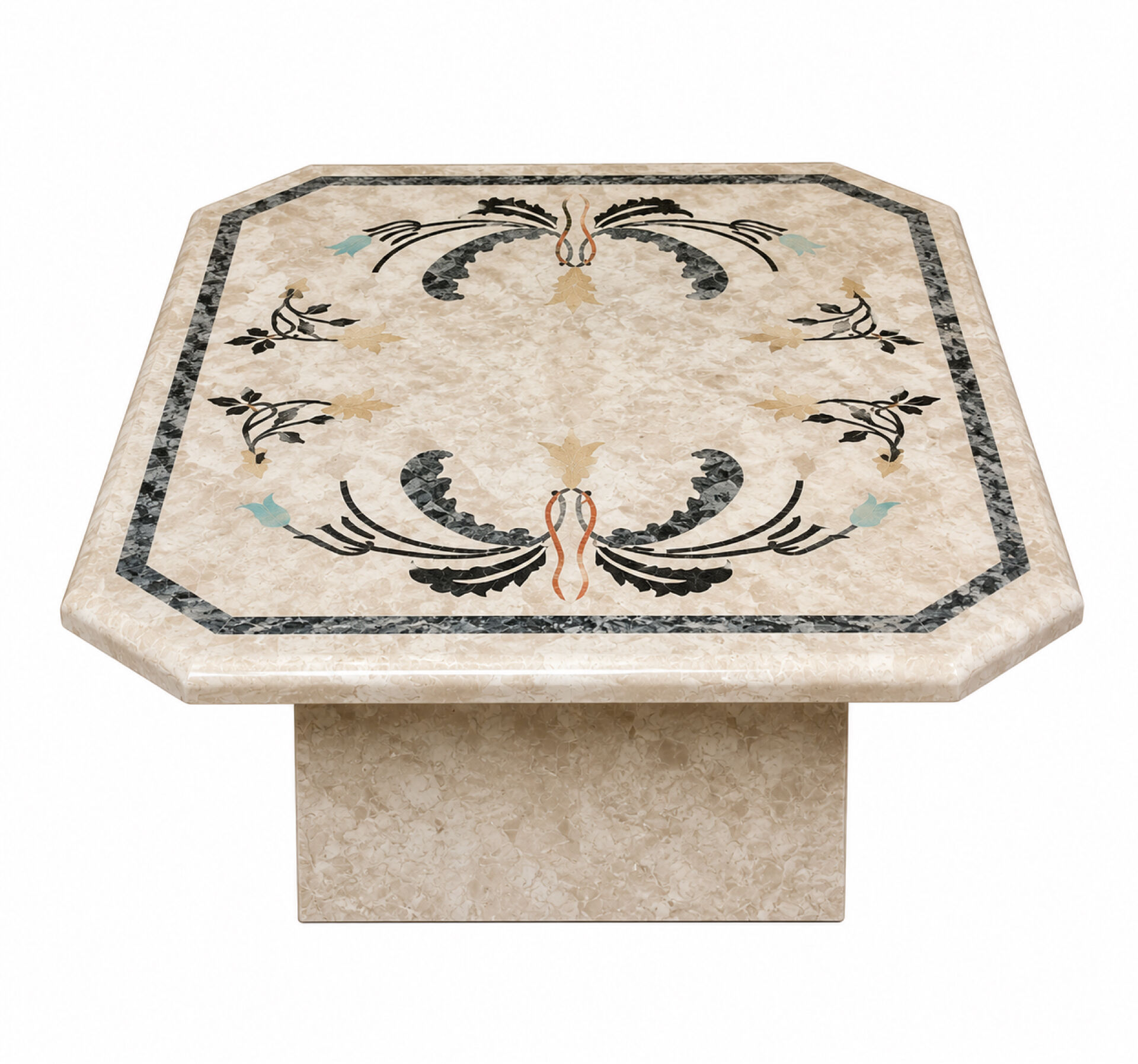 Table basse années 70-80 marqueterie de marbre tessellé -décor florale