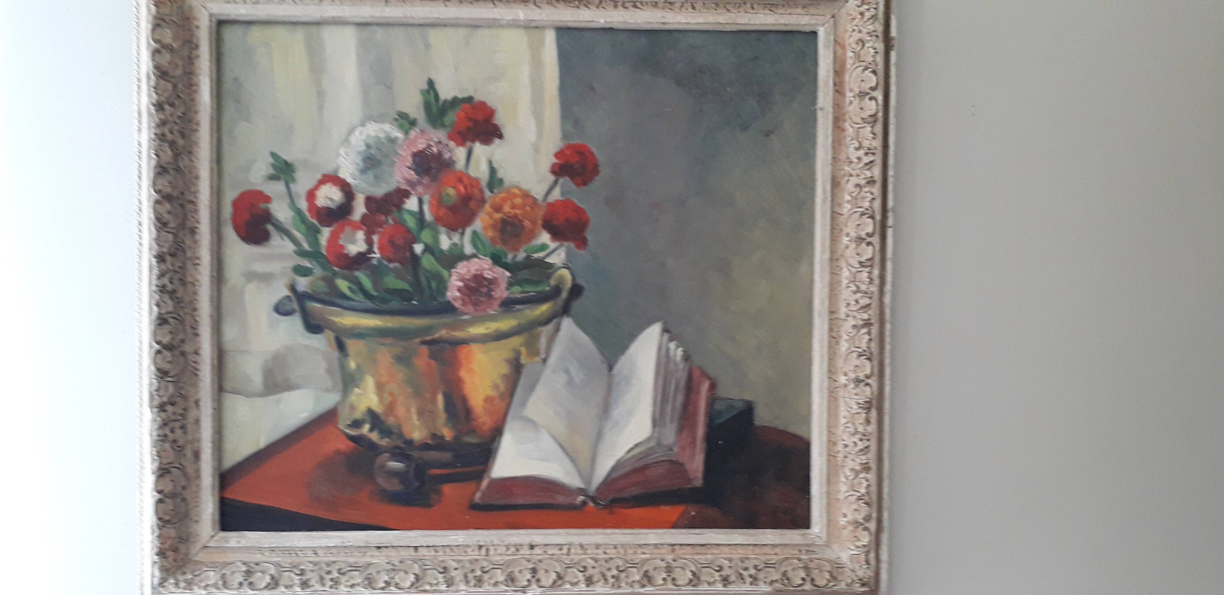 Tableau ancien à l'huile sur panneau bois représentant une nature morte