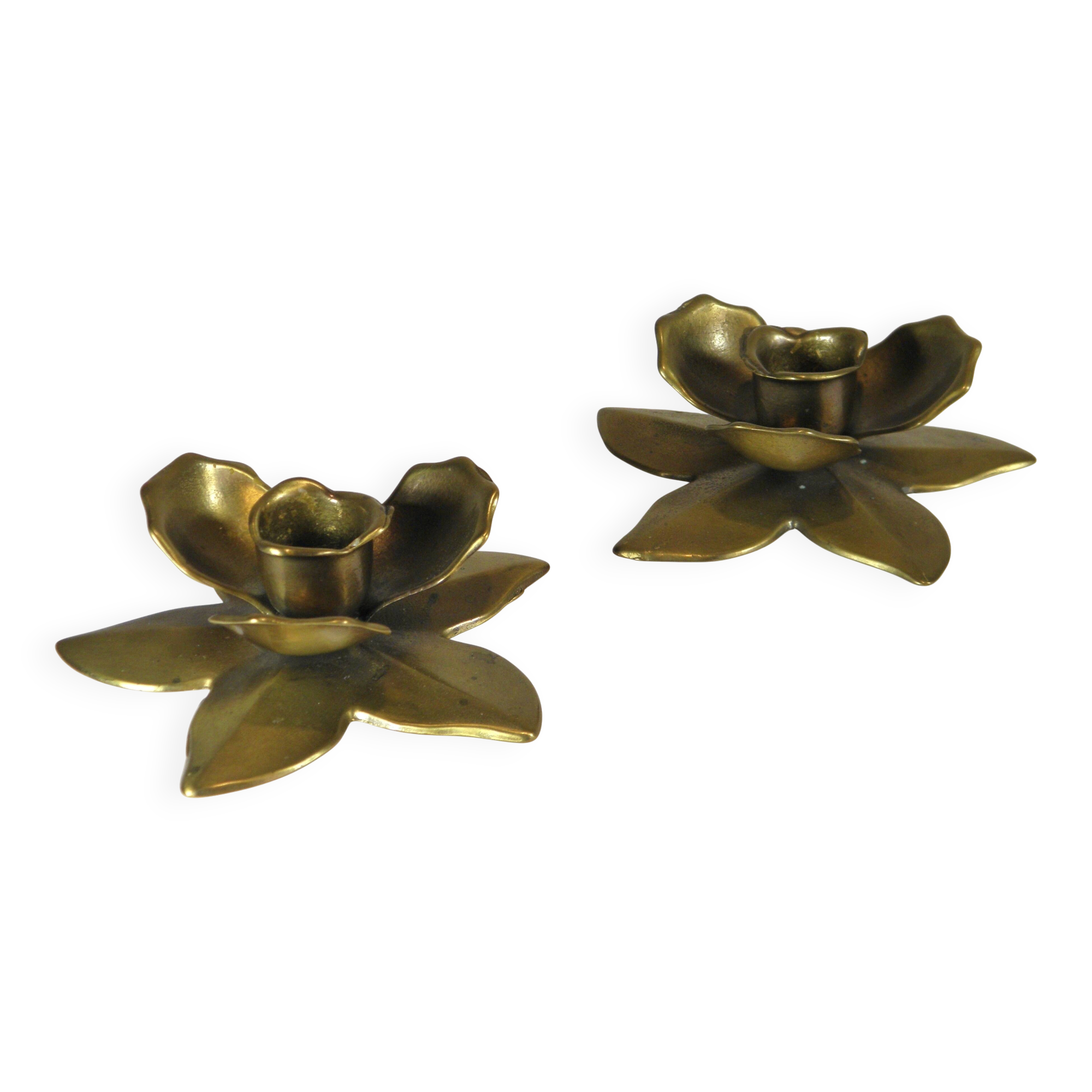 Two "flowers" candle holders in brass - 1970s
