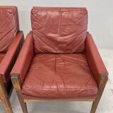 Fauteuils lounge danois vintage en palissandre et cuir. Années 1960.