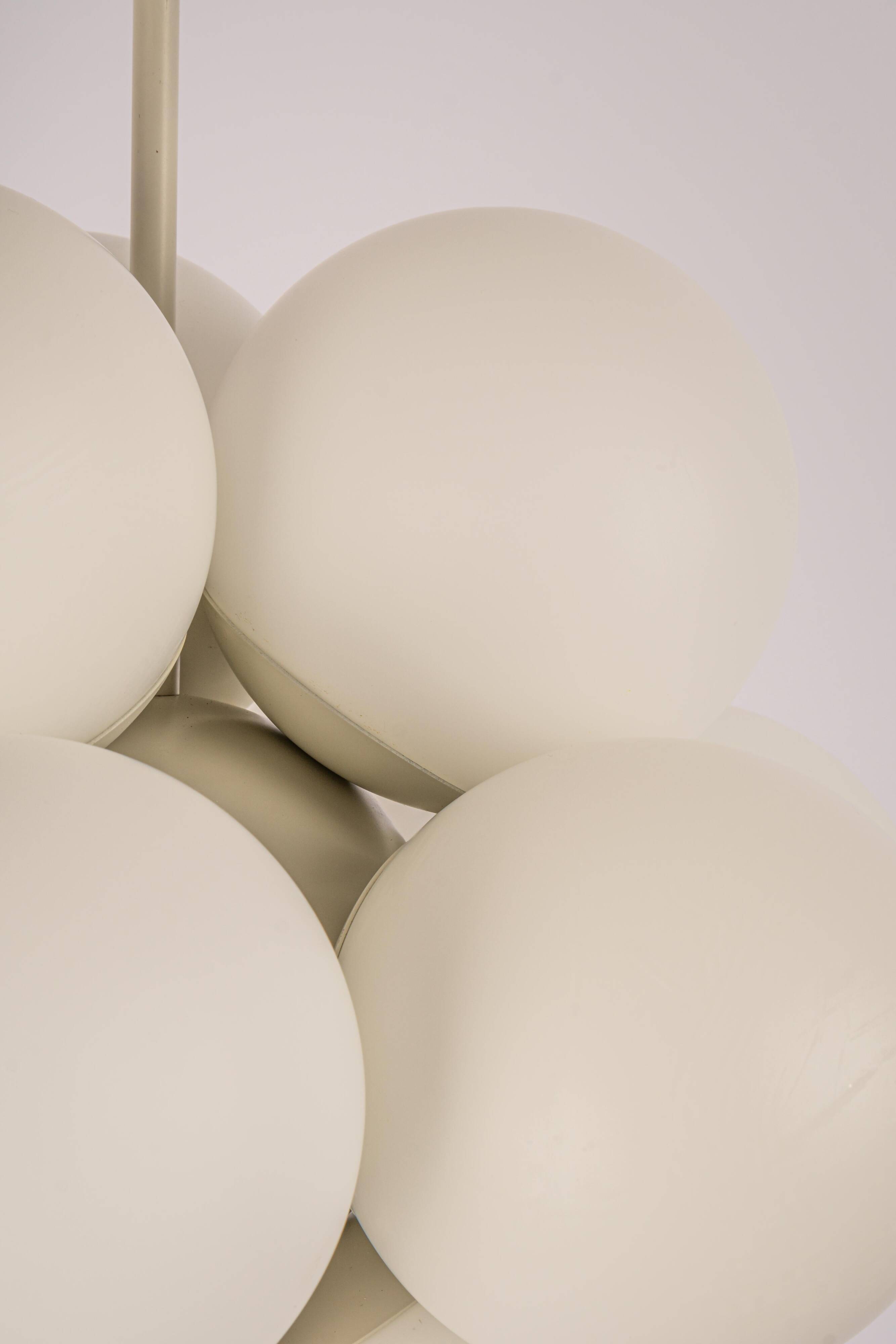 Kaiser Sputnik chandelier, molecular shape, 12 opal glasses, Germany, 1970s