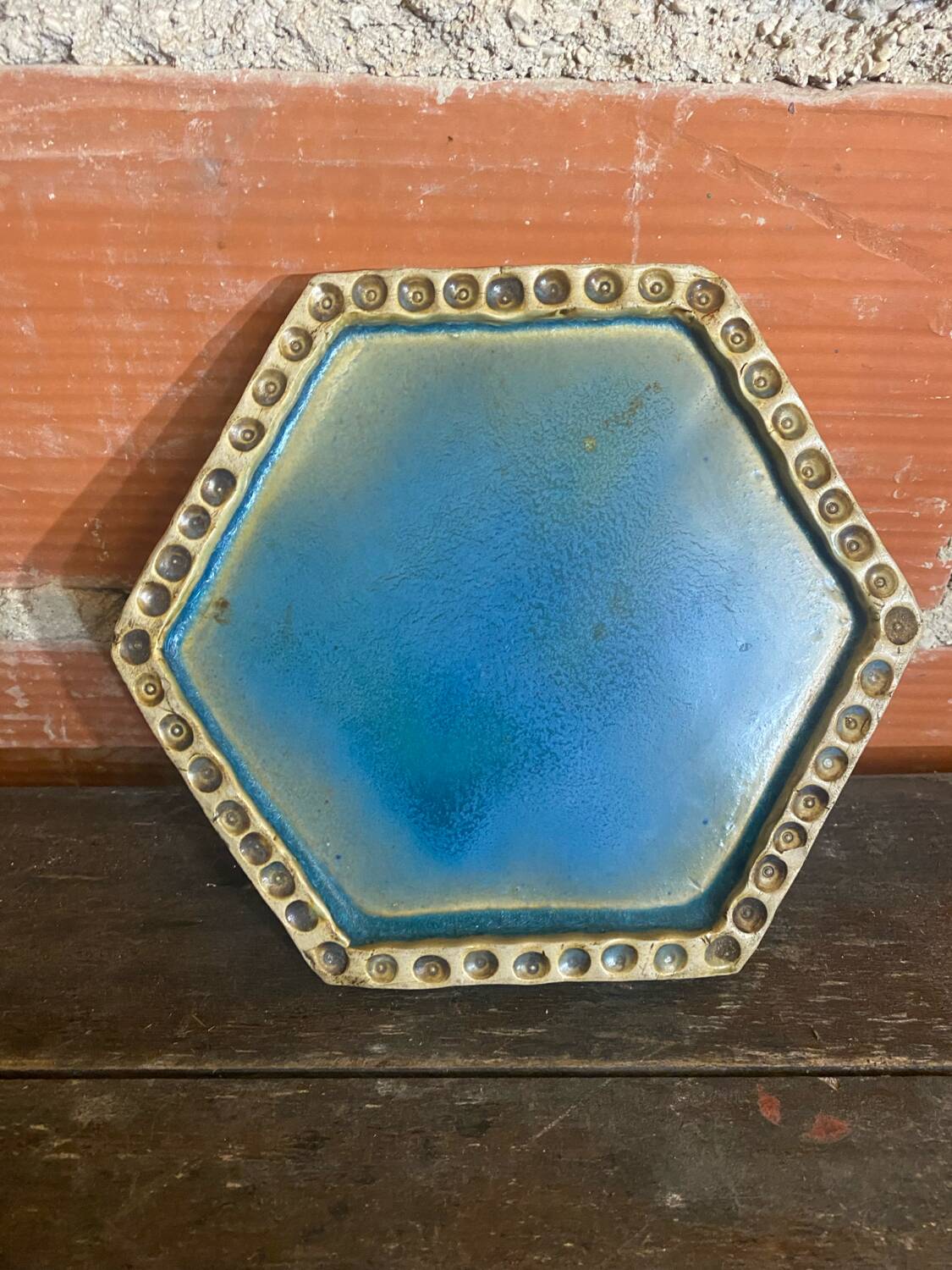 Old Enamelled Blue Stoneware Trivet France #D484