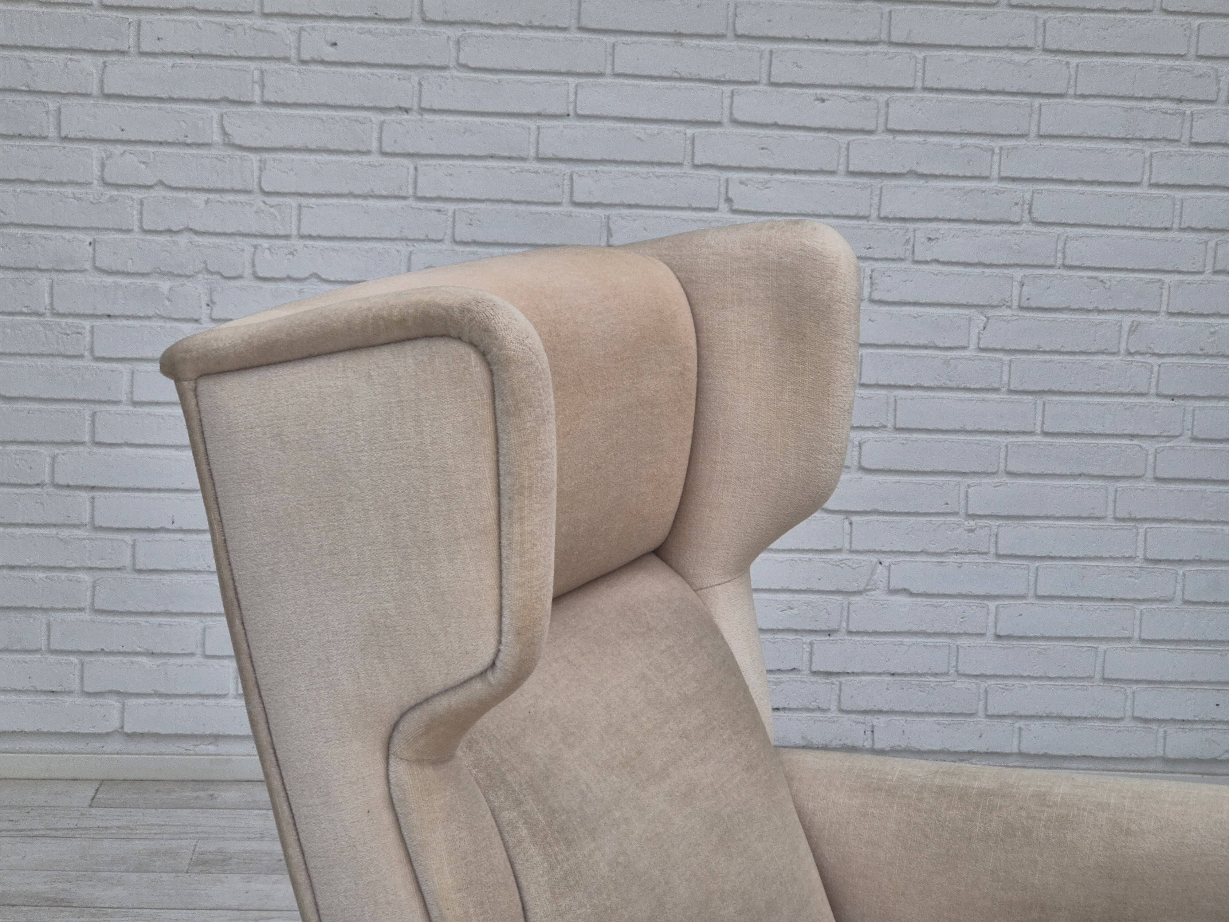 1970s, Danish wingback armchair, original condition, furniture velour, ash wood.