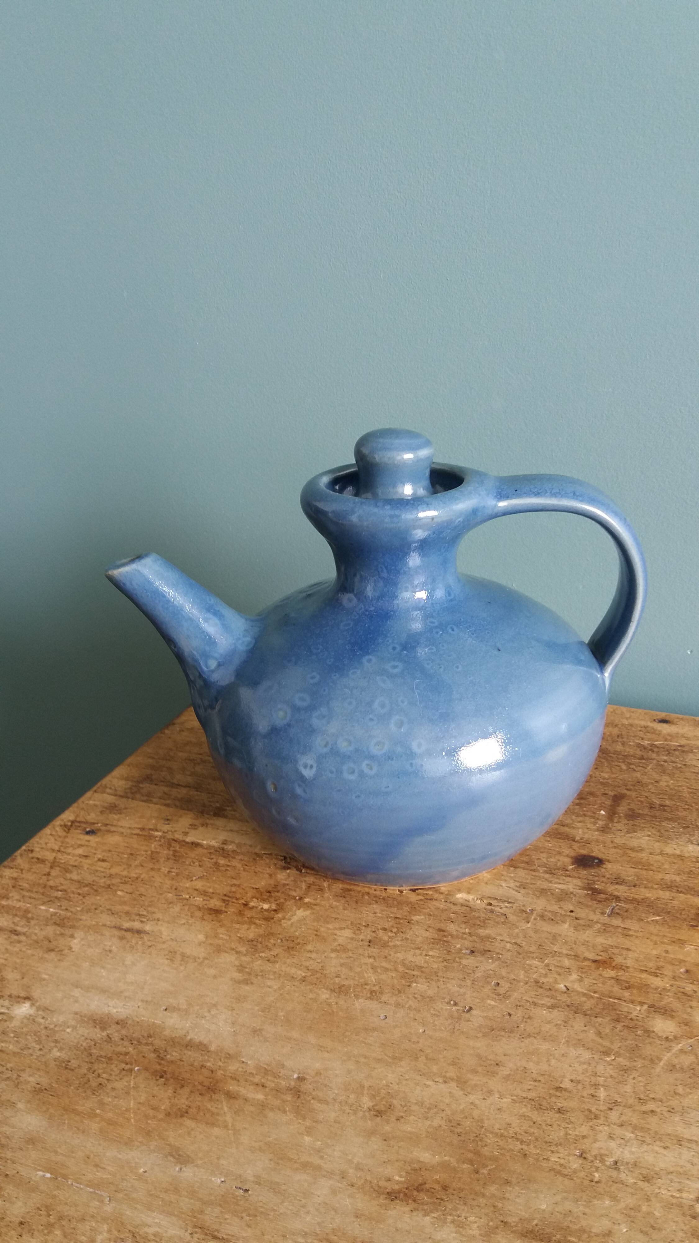 Blue glazed ceramic teapot signed