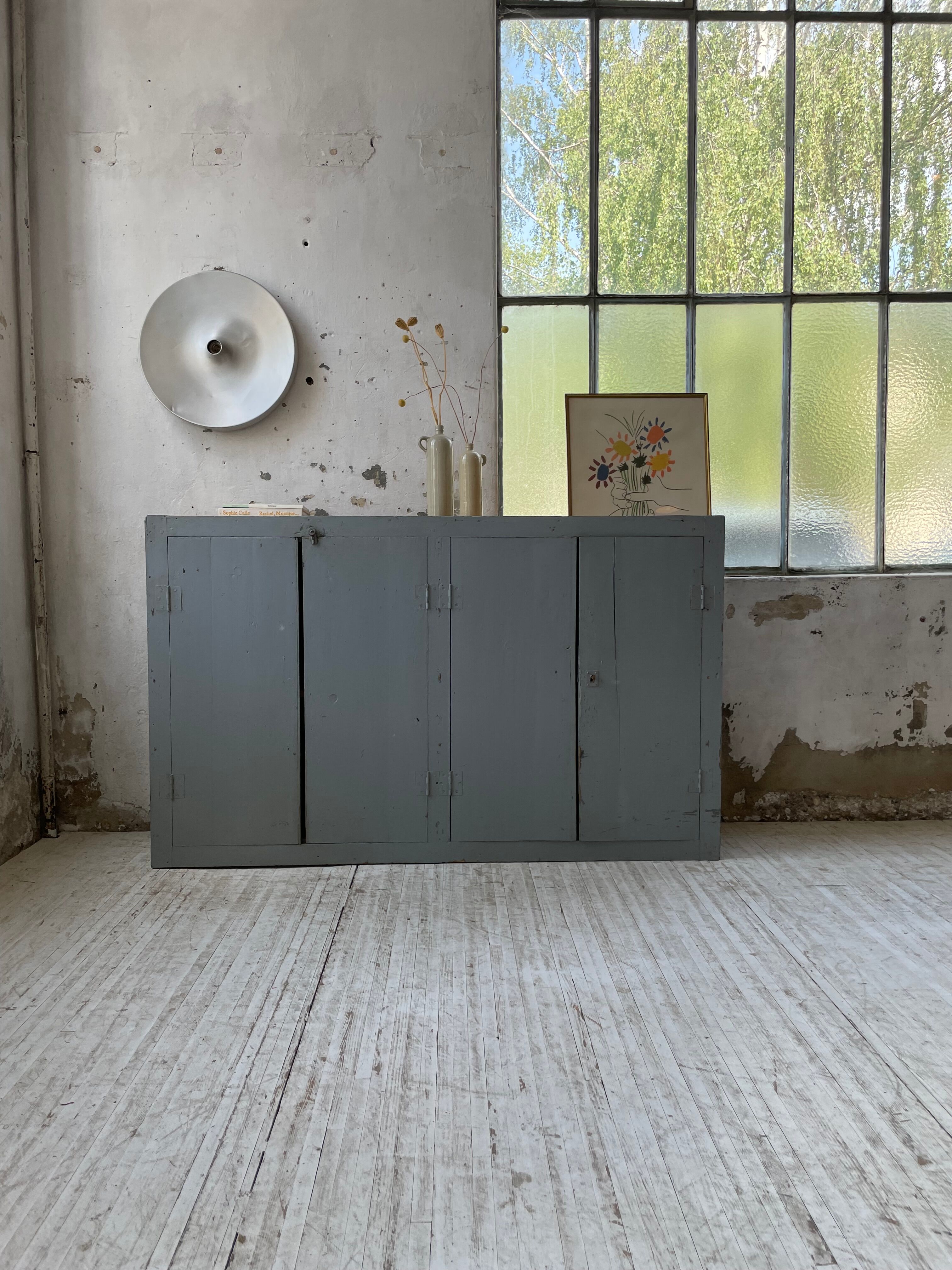 Factory blue patinated workshop furniture